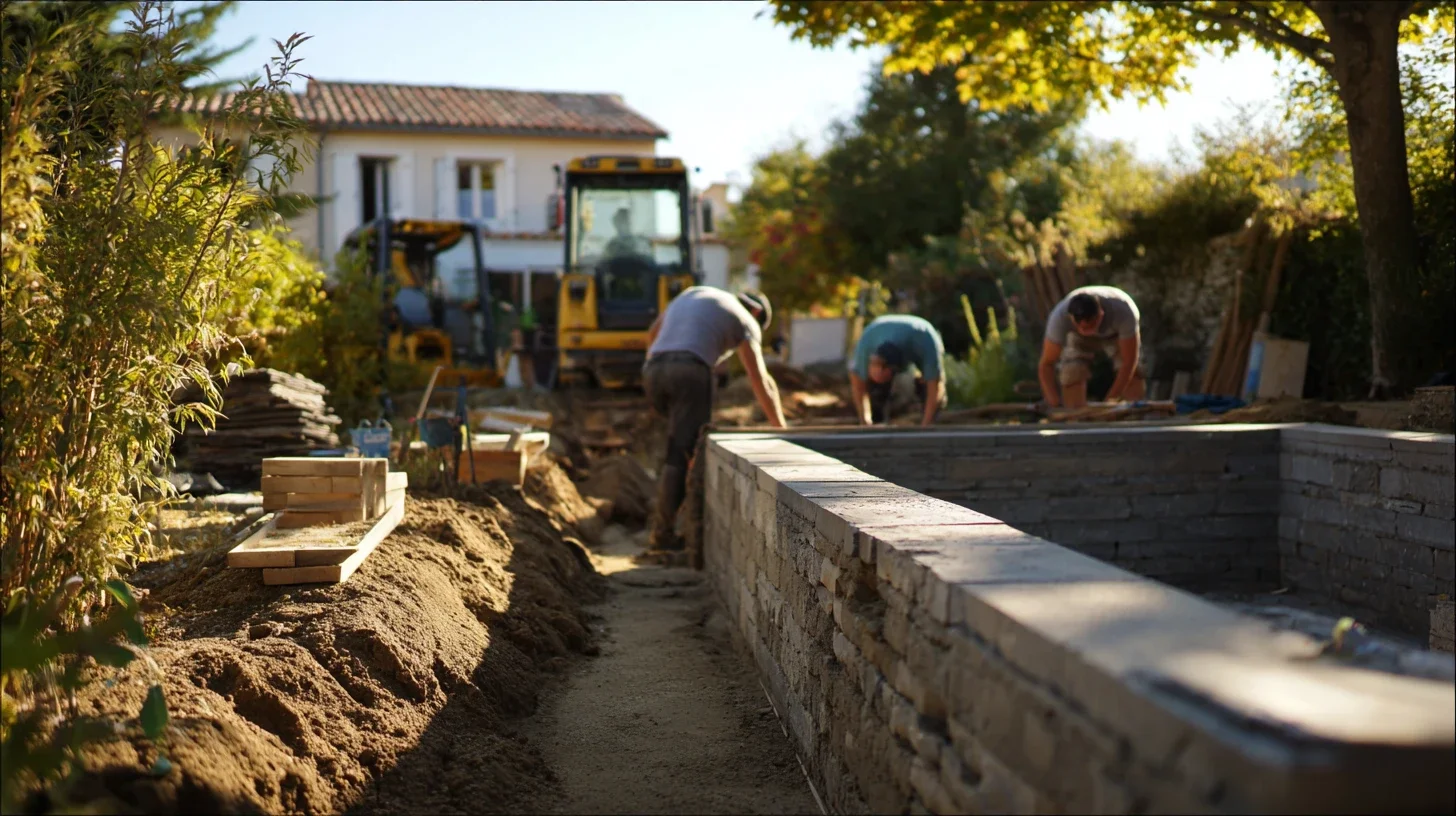 Équipe réalisant la construction d’une piscine sur mesure et ses aménagements paysagers.