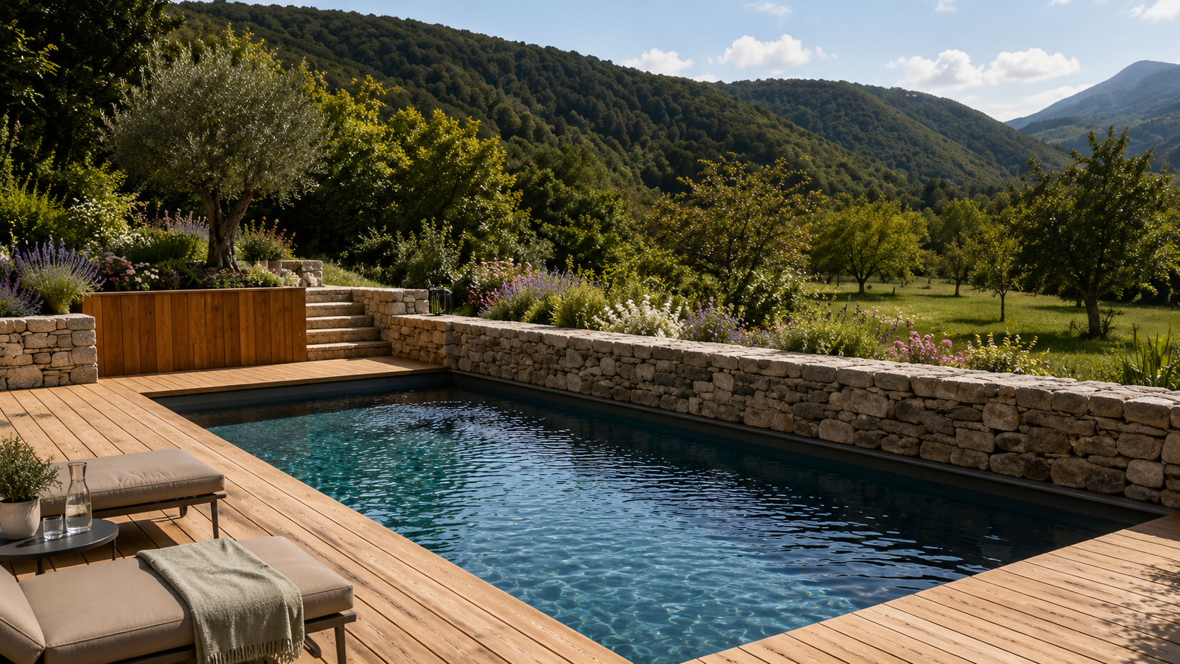 Piscine contemporaine et murs en pierre sèche