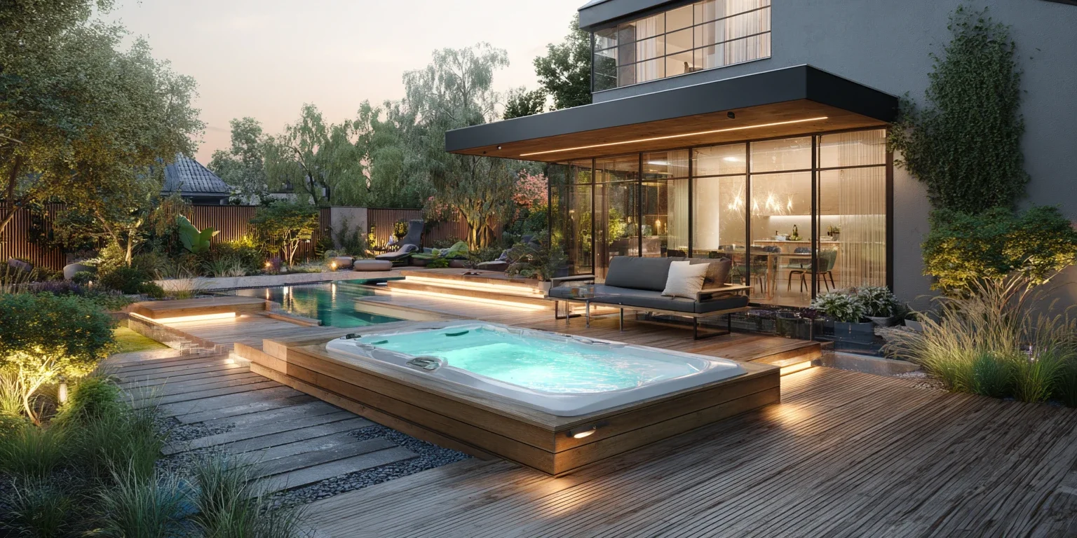 Espace bien-être avec spa, piscine et terrasse paysagée dans un jardin contemporain.