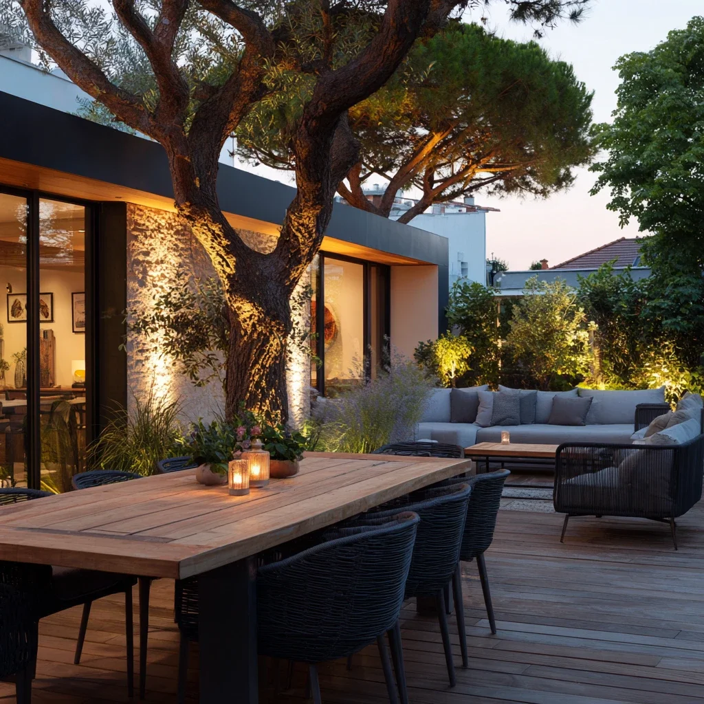 Terrasse en bois aménagée dans un jardin contemporain avec salon extérieur, éclairage paysager et grand pin méditerranéen mis en valeur au crépuscule.