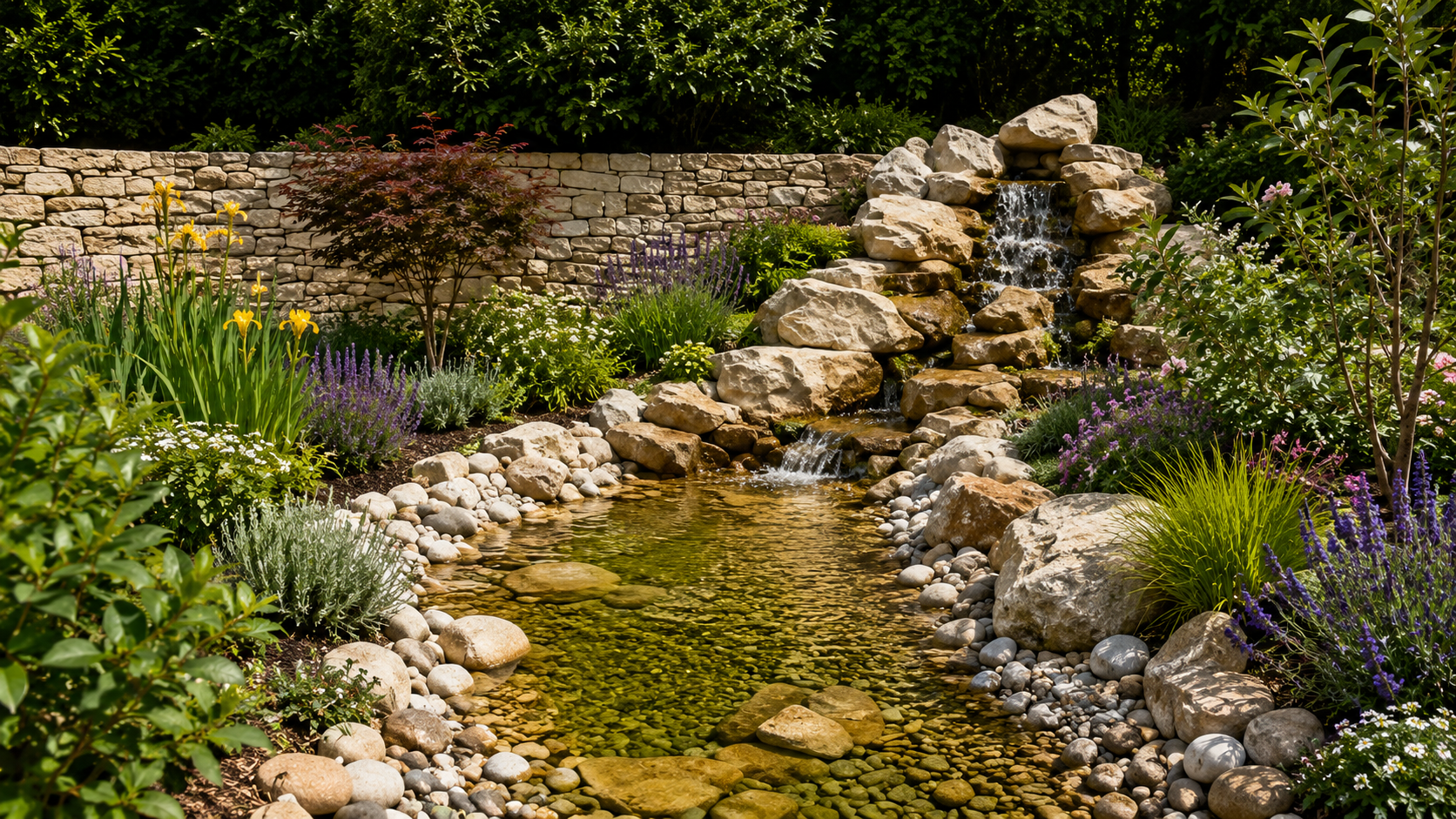 Cascade de pierres et jardin paysager