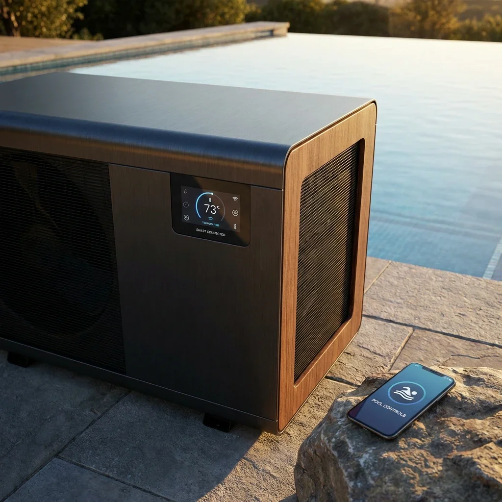 Pompe à chaleur connectée pour piscine installée dans un jardin paysager.