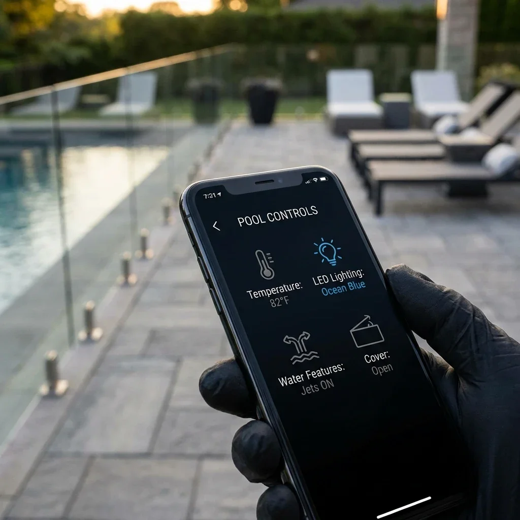 Contrôle d’une piscine depuis une application mobile dans un jardin paysager.