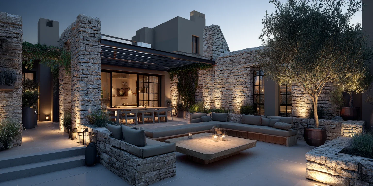 Patio contemporain en pierre naturelle avec salon extérieur, éclairage architectural, olivier et espace de réception aménagé.