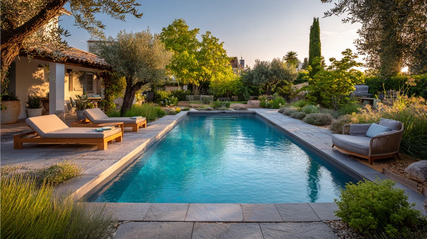 Piscine contemporaine intégrée dans un jardin méditerranéen paysager avec oliviers, massifs et espaces de détente.