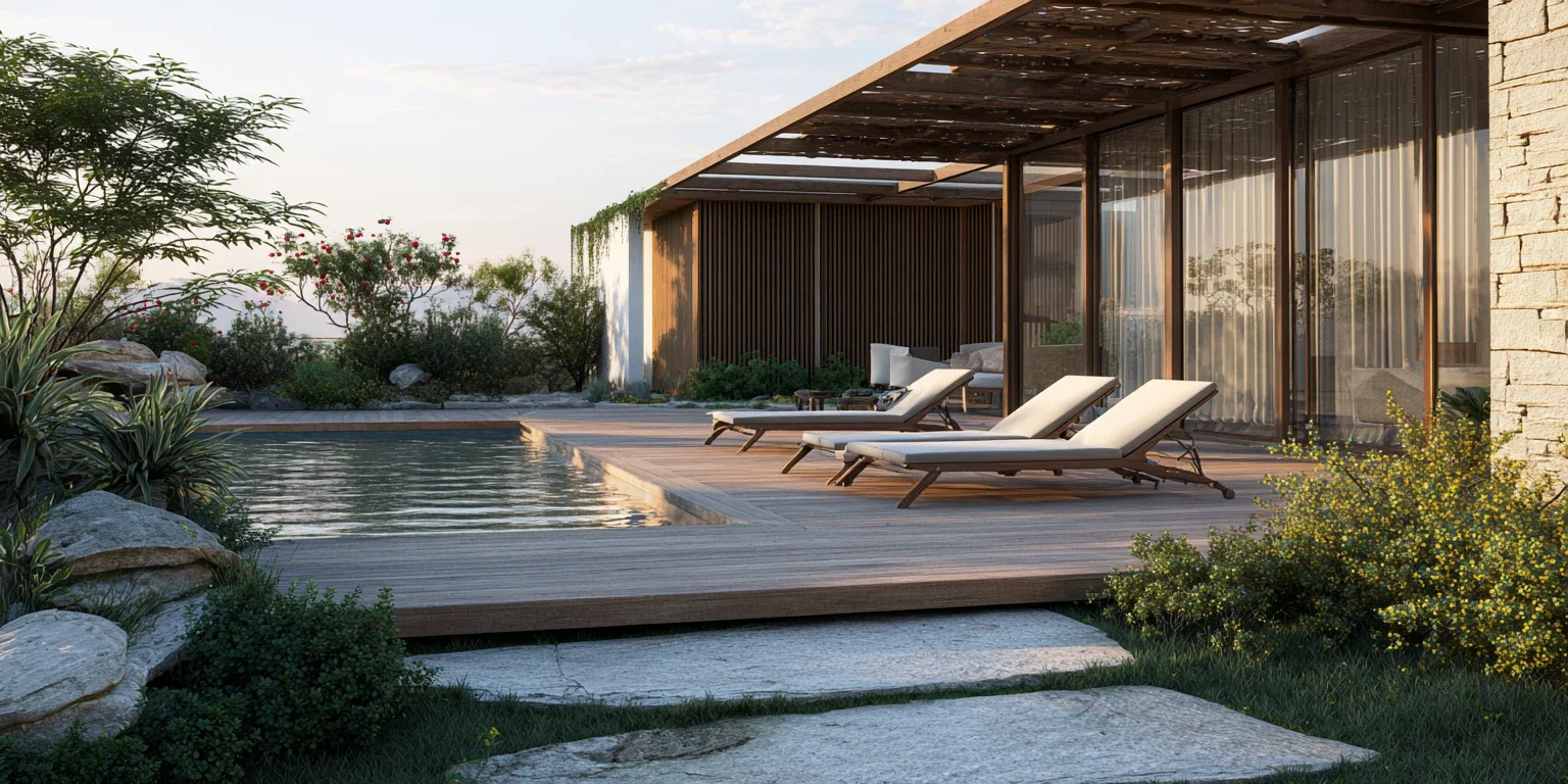 Terrasse en bois avec bains de soleil et espace détente autour d’une piscine contemporaine.