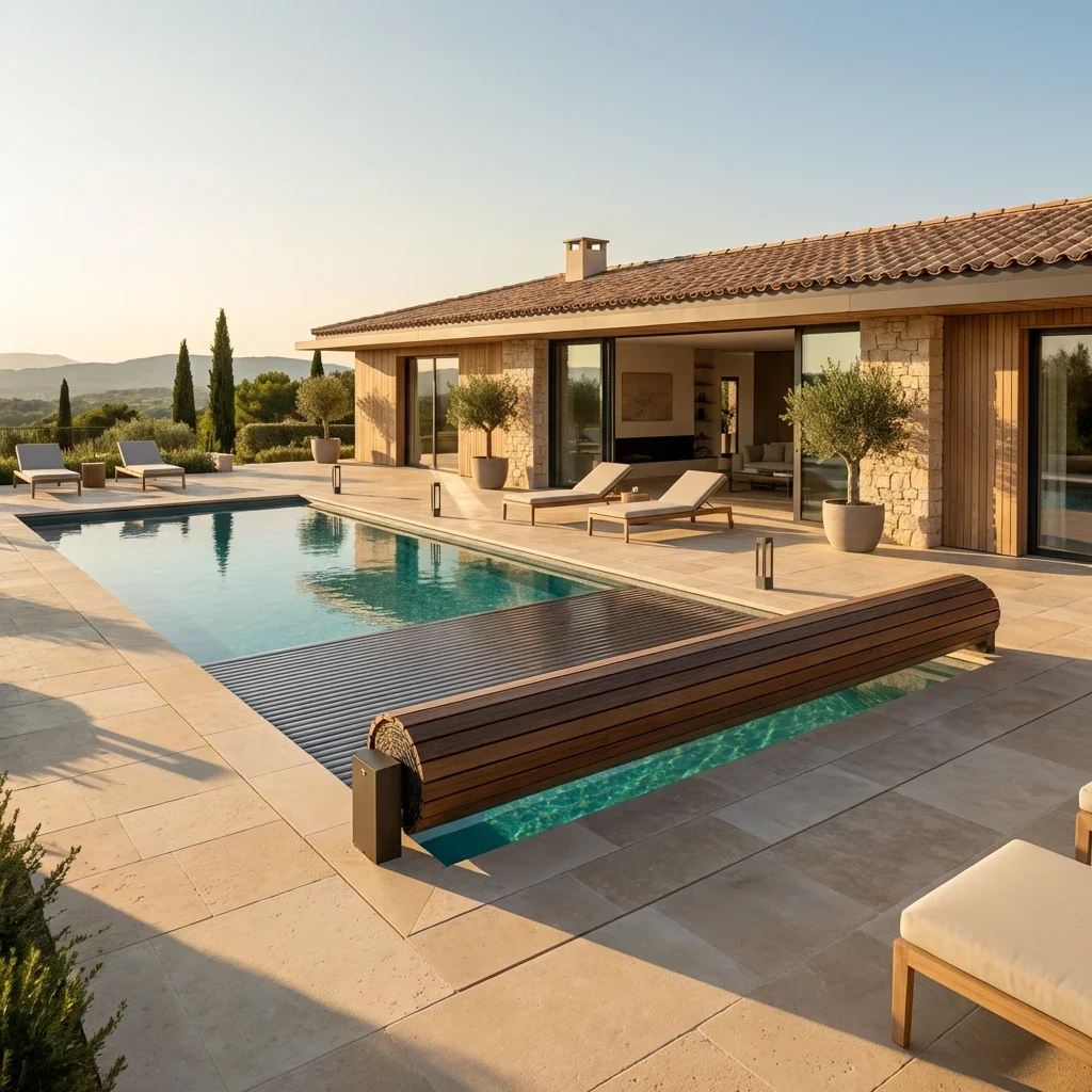 Piscine contemporaine équipée d’un volet roulant immergé dans un jardin paysager.