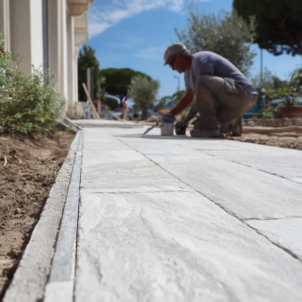 Paysagiste réalisant la pose d’une terrasse en pierre naturelle lors d’un chantier d’aménagement paysager.