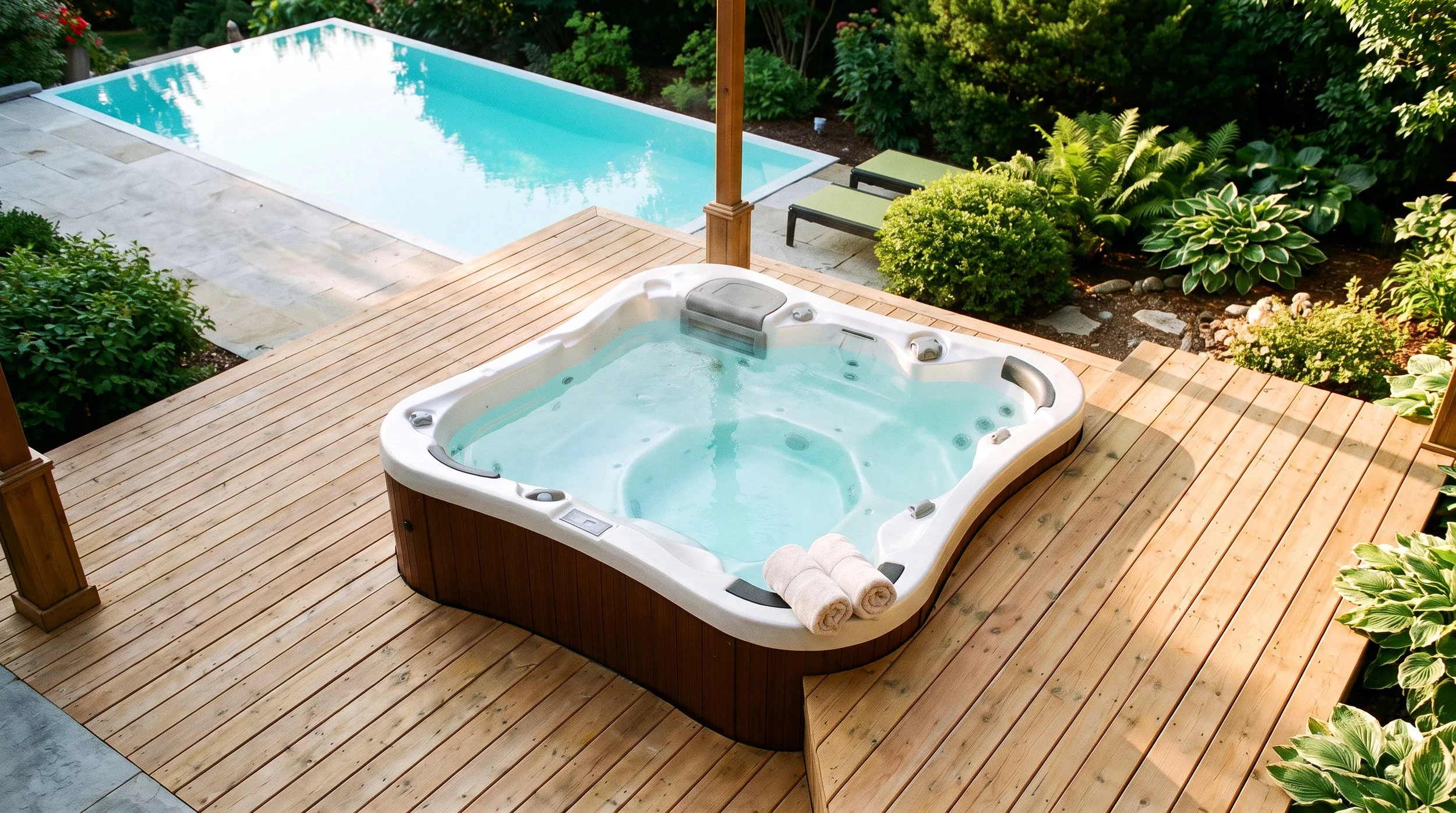 Espace bien-être avec spa et piscine à débordement