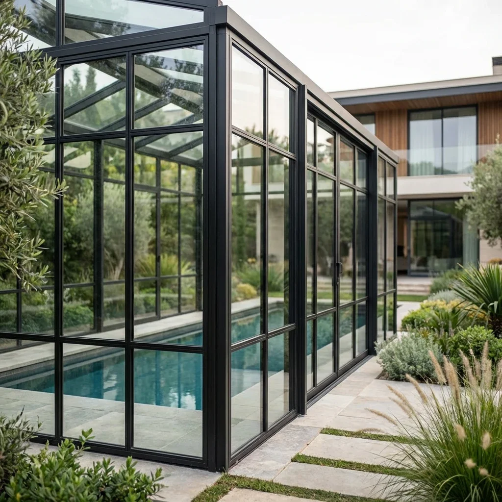 Abri de piscine vitré contemporain parfaitement intégré à une villa moderne.
