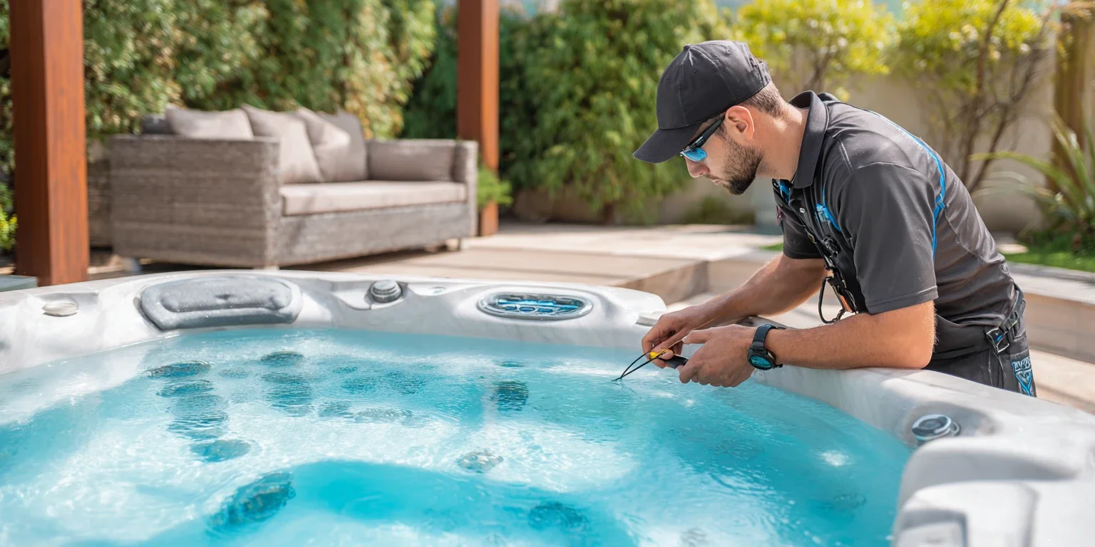 Technicien réalisant l’entretien d’un spa extérieur dans un jardin paysager.