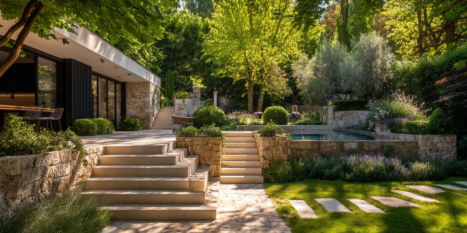 Aménagement paysager d’une villa contemporaine avec terrasses en pierre naturelle, escaliers, bassin, oliviers et massifs méditerranéens.