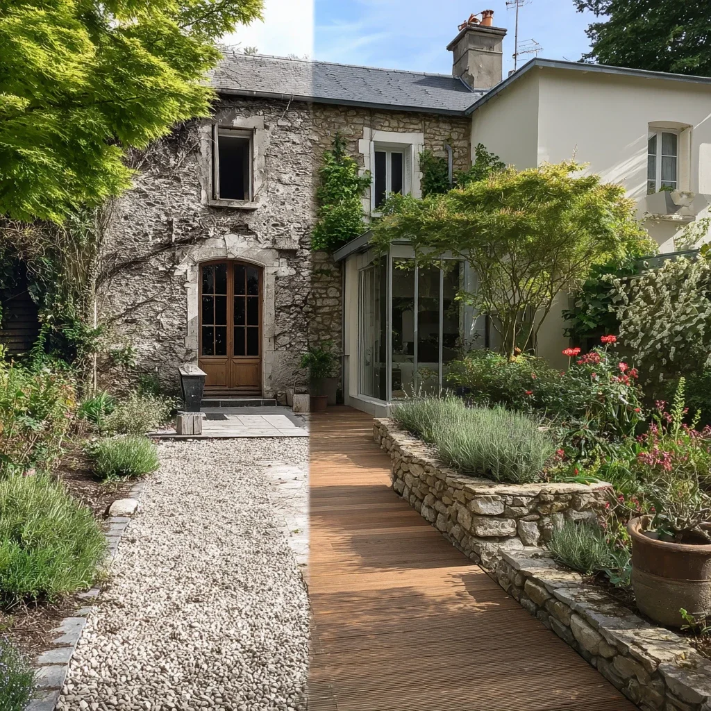 Avant et après d’une rénovation paysagère transformant un ancien jardin en un espace extérieur contemporain avec terrasse en bois, murets en pierre naturelle et plantations méditerranéennes.