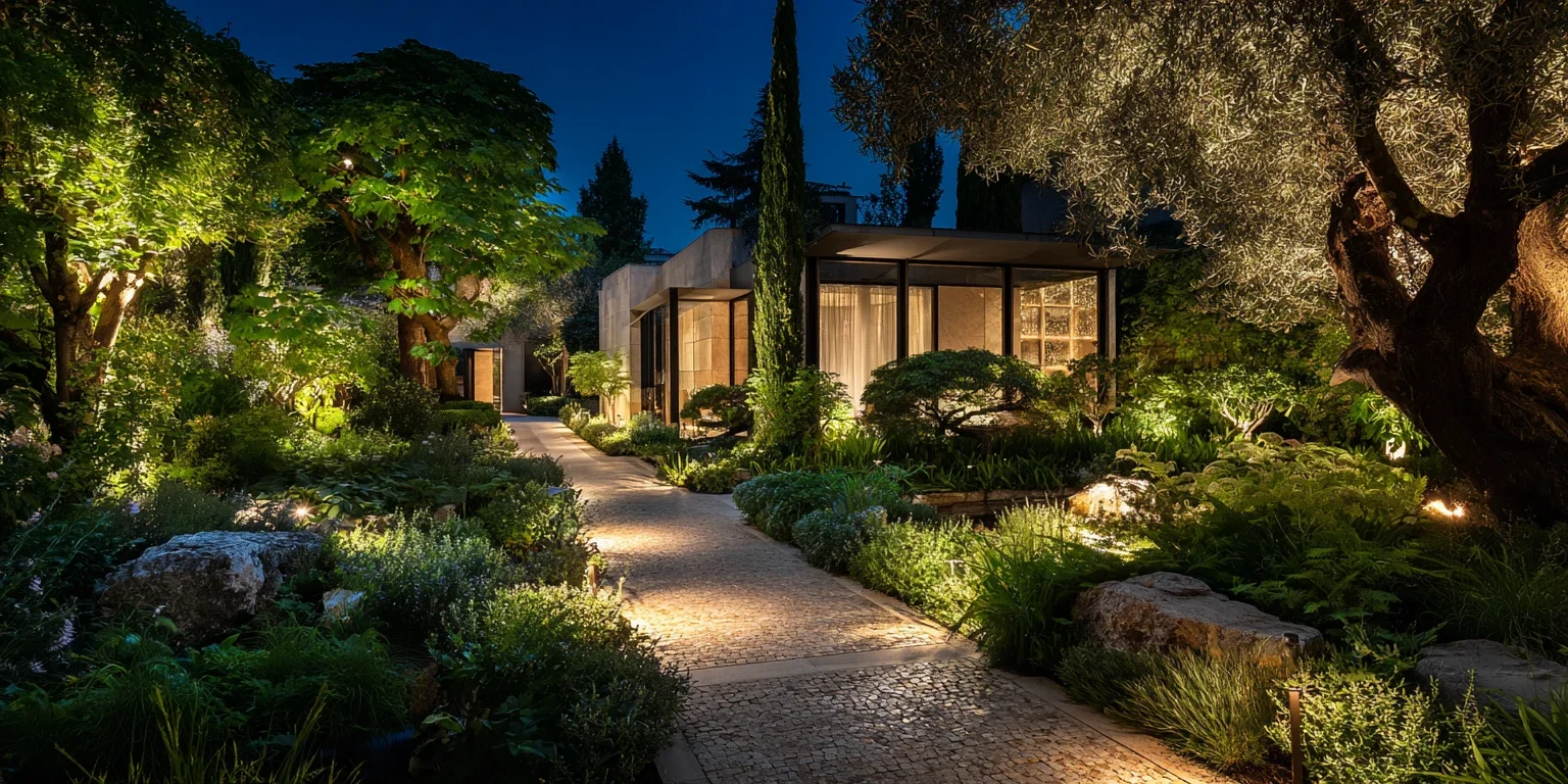 Jardin contemporain mis en lumière à la tombée de la nuit avec éclairage paysager, allées minérales, arbres et massifs végétalisés.