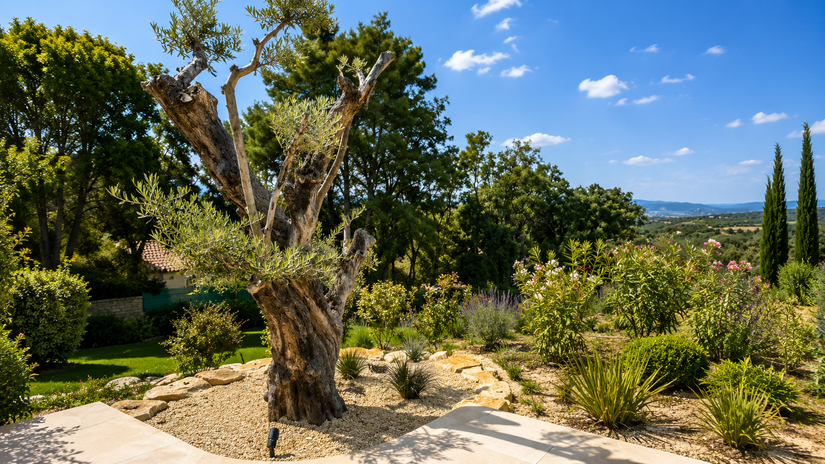 Jardin méditerranéen autour d’un olivier centenaire