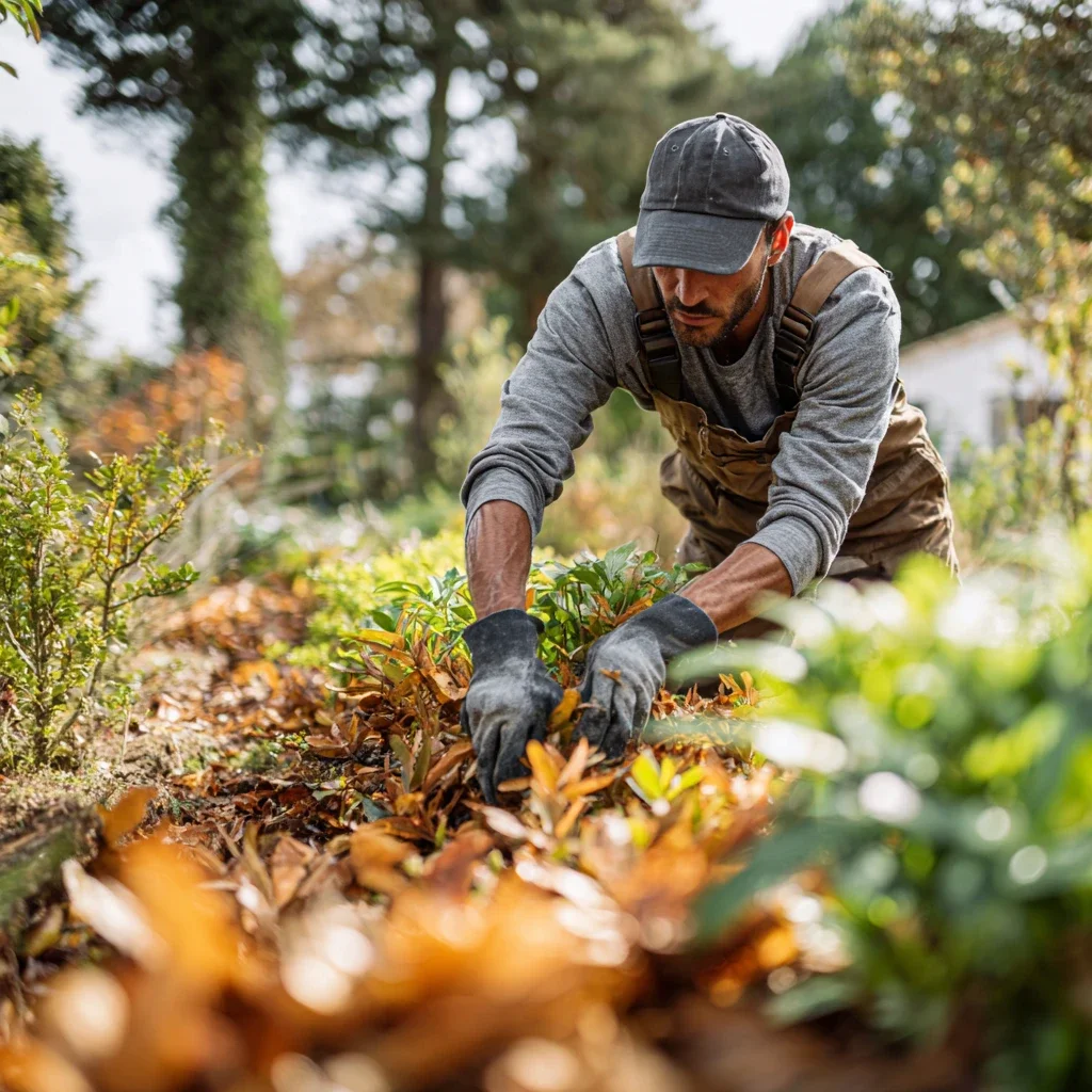 Paysagiste réalisant l’entretien de massifs paysagers avec paillage naturel afin de préserver l’humidité du sol et favoriser le développement des plantations.