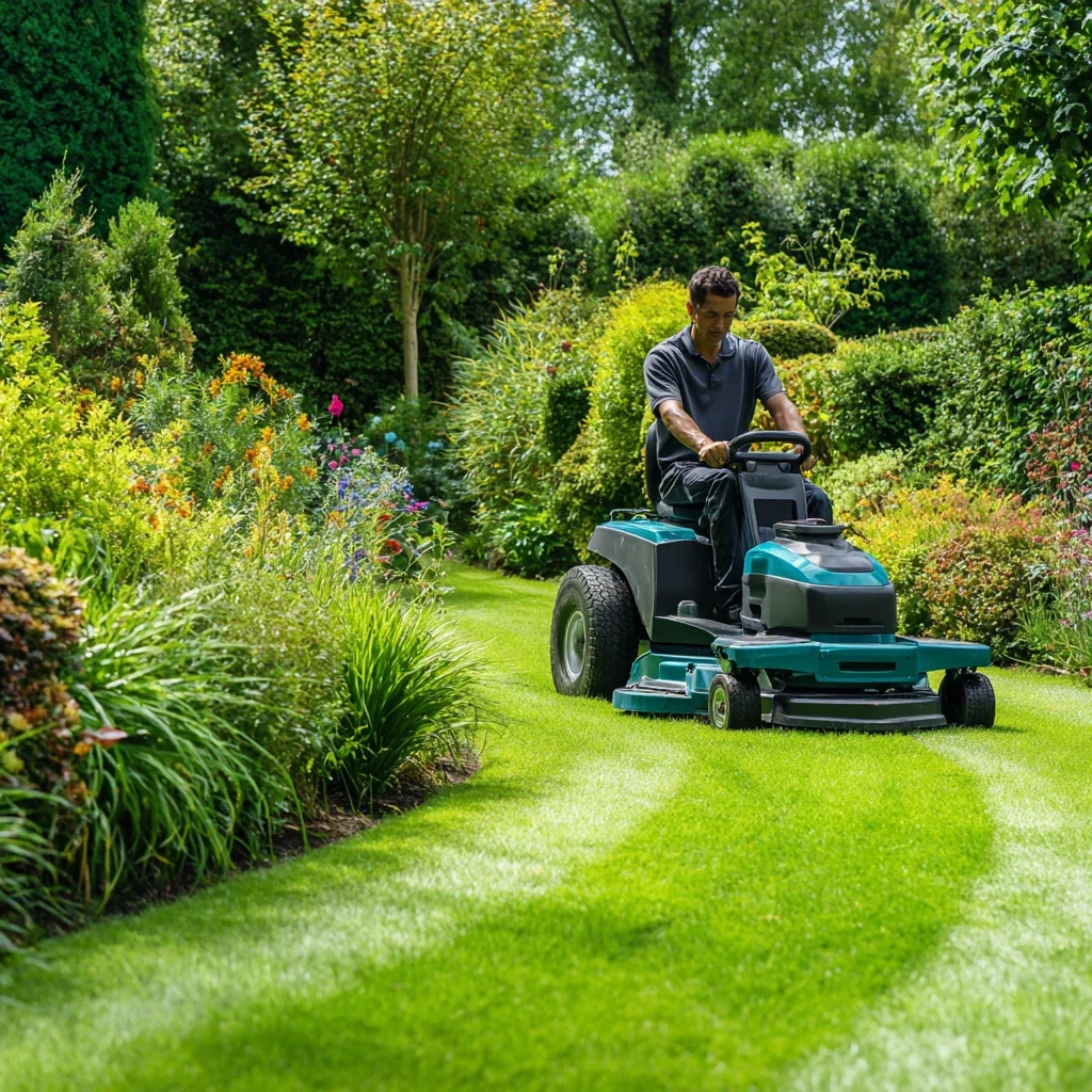 Paysagiste assurant la gestion d’une pelouse intégrée dans un jardin paysager aux massifs fleuris et arbres d’ornement.