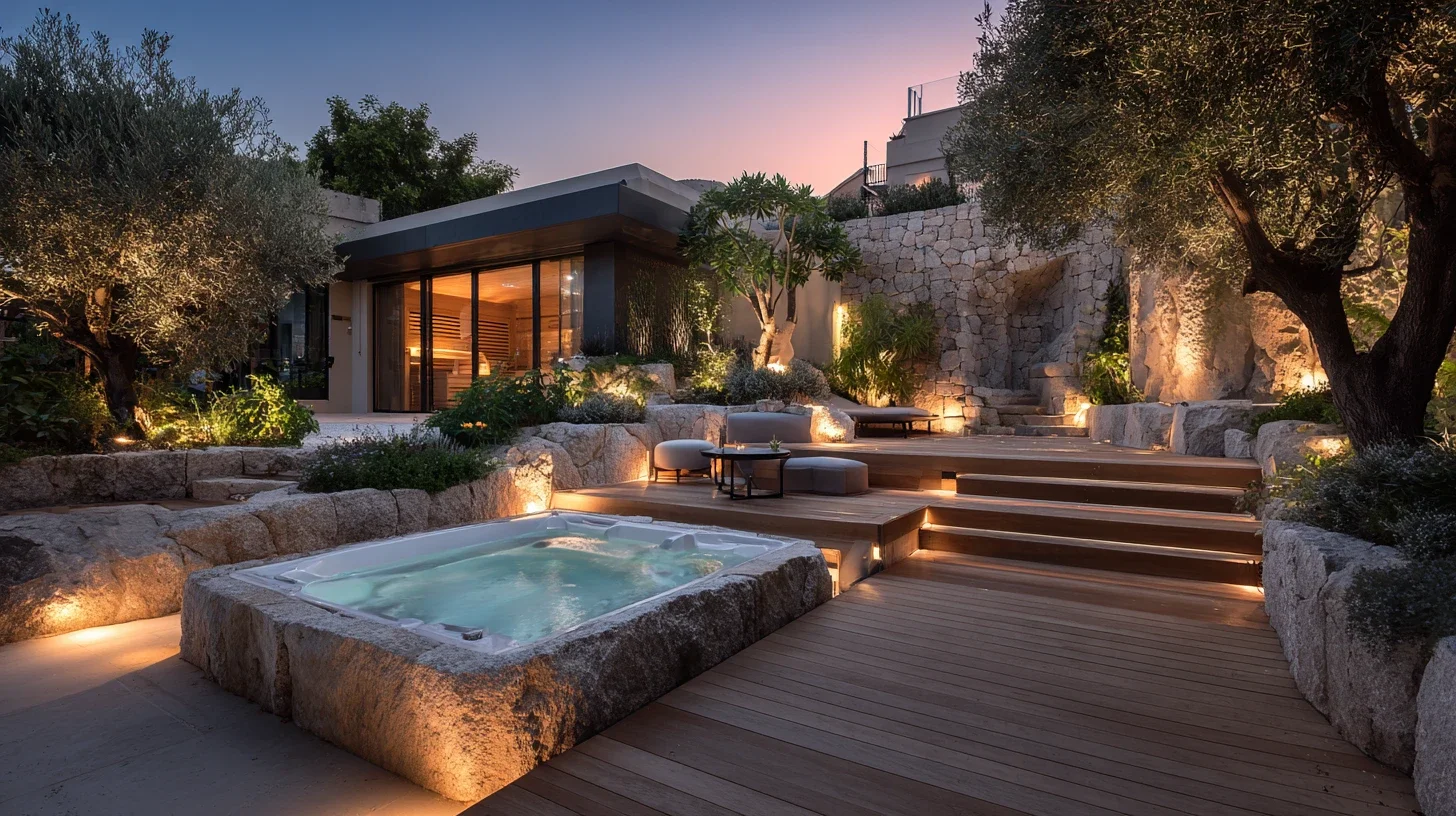 Spa encastré, sauna extérieur et terrasse paysagée éclairée dans un jardin contemporain.