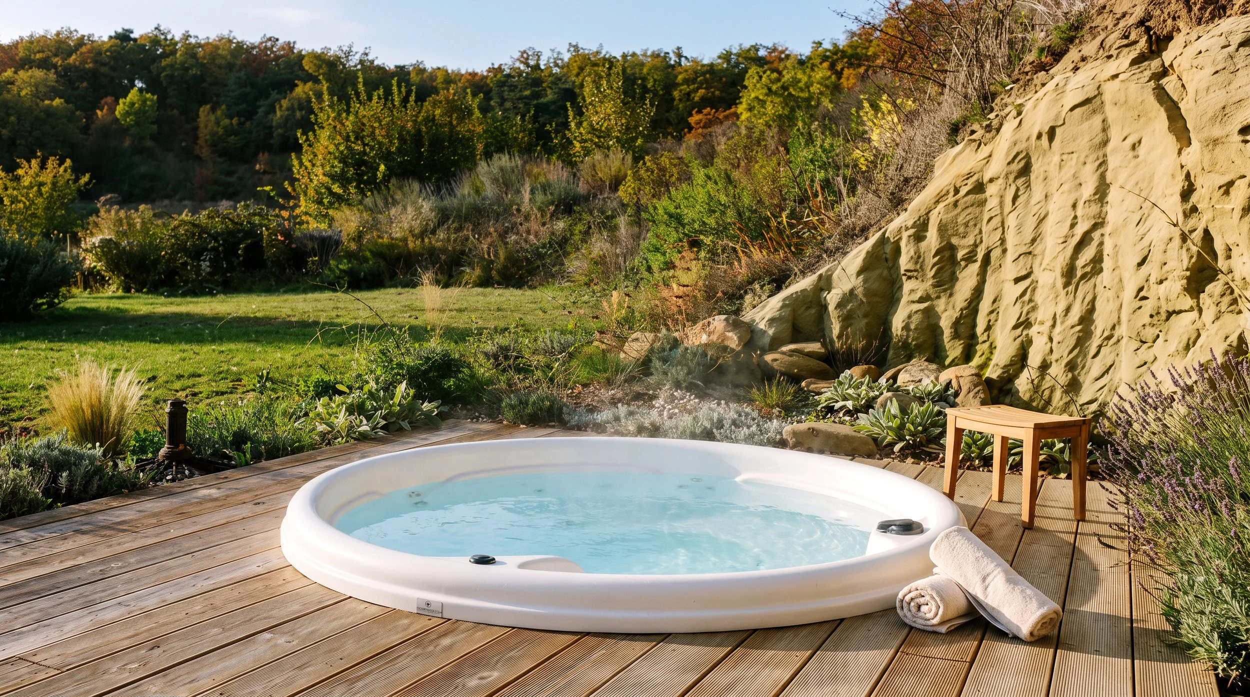 Spa rond intégré dans un jardin naturel