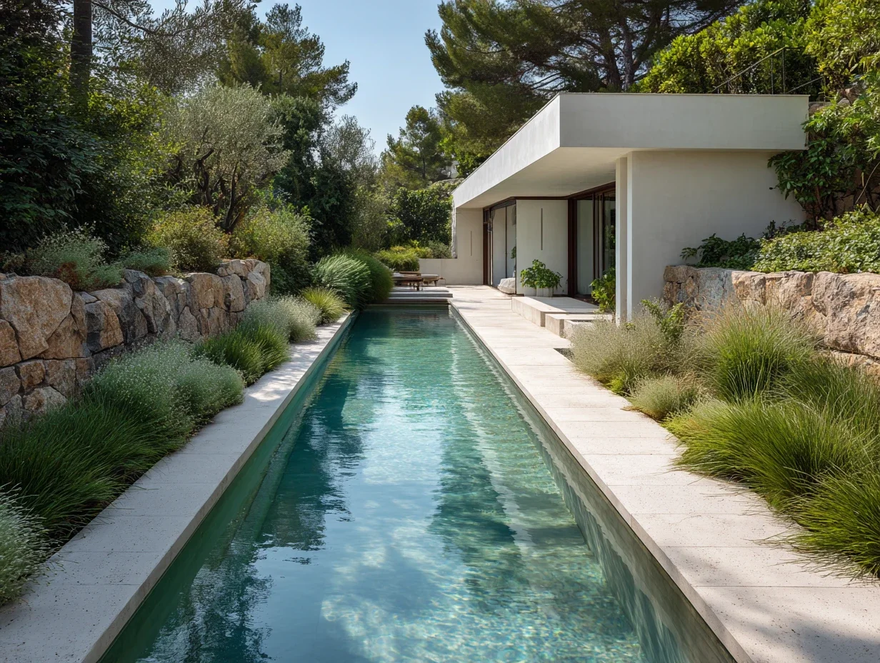 Couloir de nage contemporain intégré dans un jardin méditerranéen avec pierre naturelle et végétation paysagère.