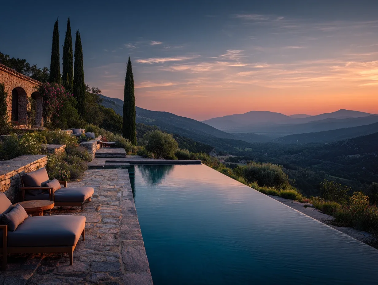 Piscine à débordement avec vue panoramique sur les montagnes de Provence au coucher du soleil.