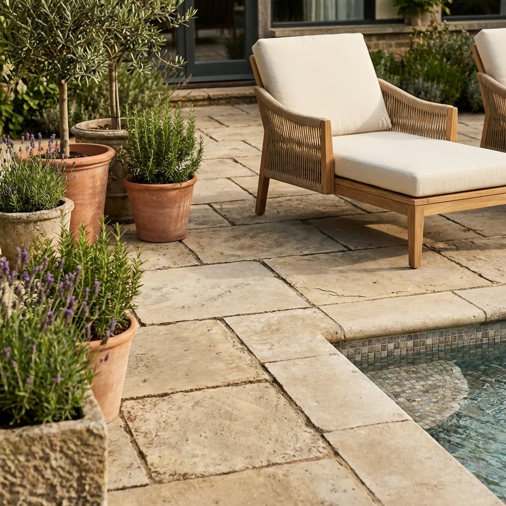 Terrasse en pierre naturelle aménagée autour d’une piscine avec mobilier extérieur et plantations méditerranéennes.