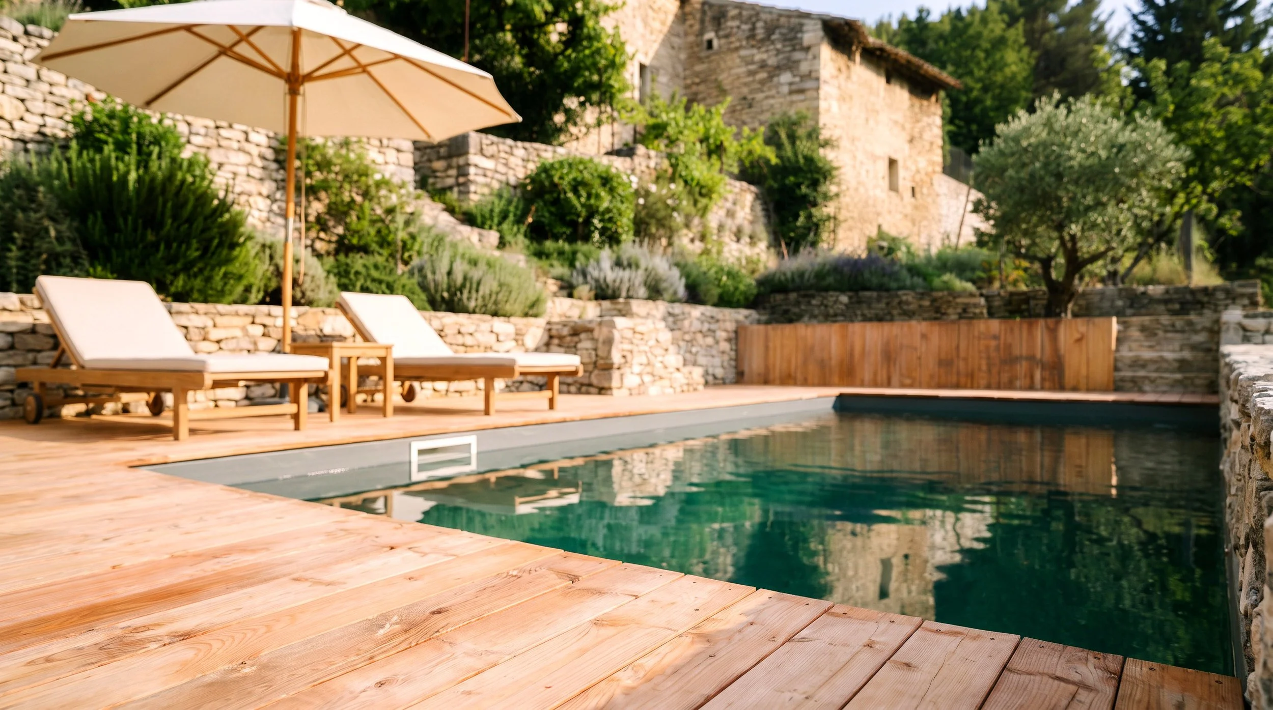 Piscine contemporaine et murs en pierre sèche