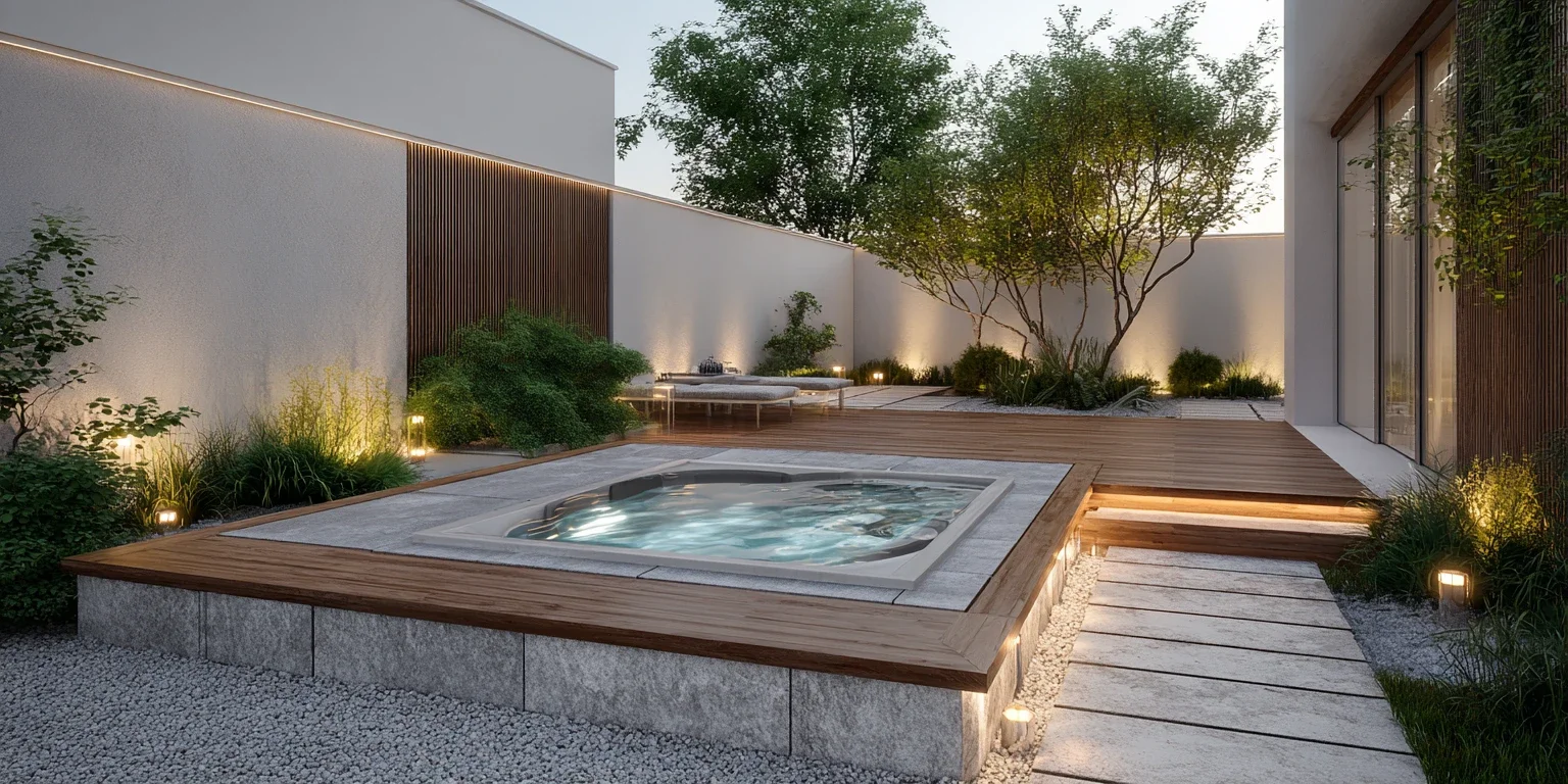 Spa encastré intégré à une terrasse contemporaine en bois avec éclairage paysager et jardin minimaliste.