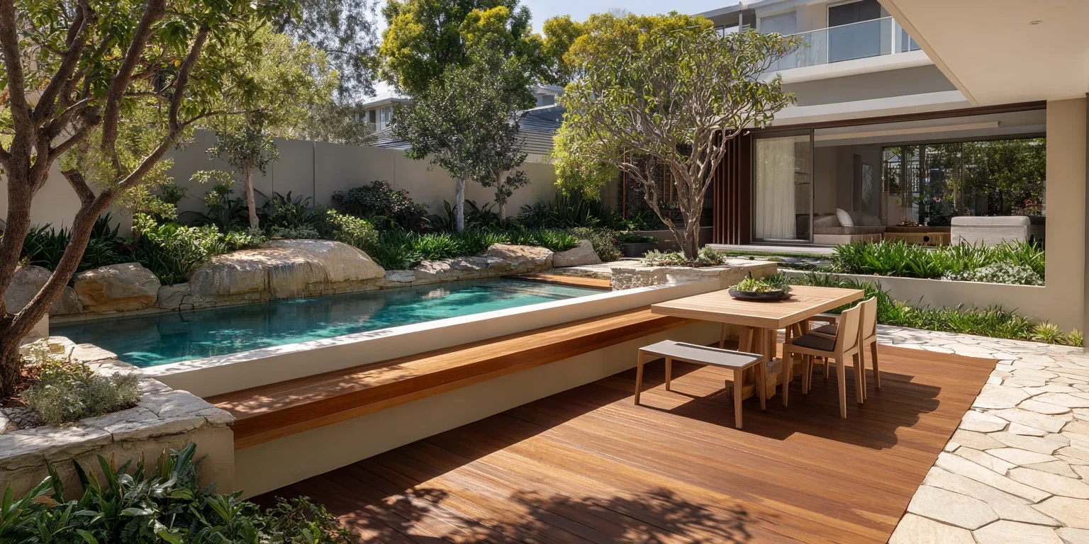Terrasse en bois avec banquette intégrée et espace repas autour d’une piscine paysagée contemporaine.