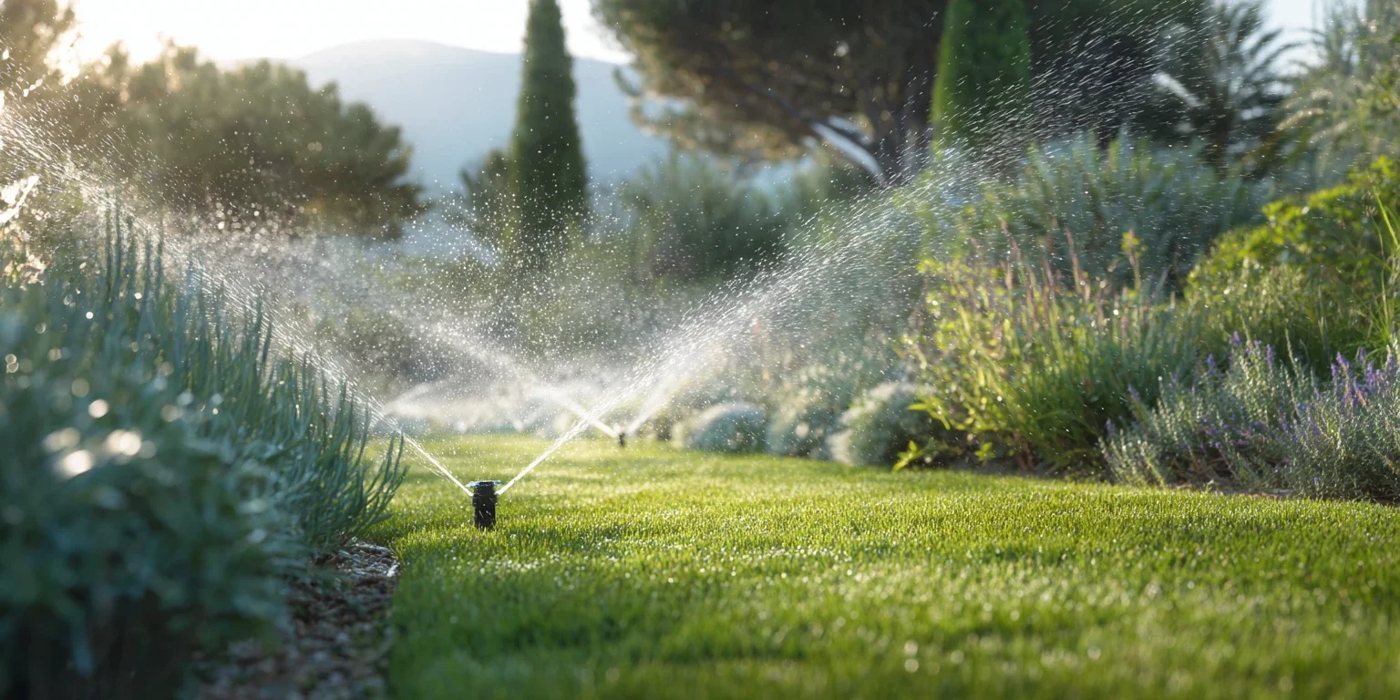 Système d’arrosage automatique intégré alimentant une pelouse et des plantations méditerranéennes pour une gestion optimisée de l’eau.