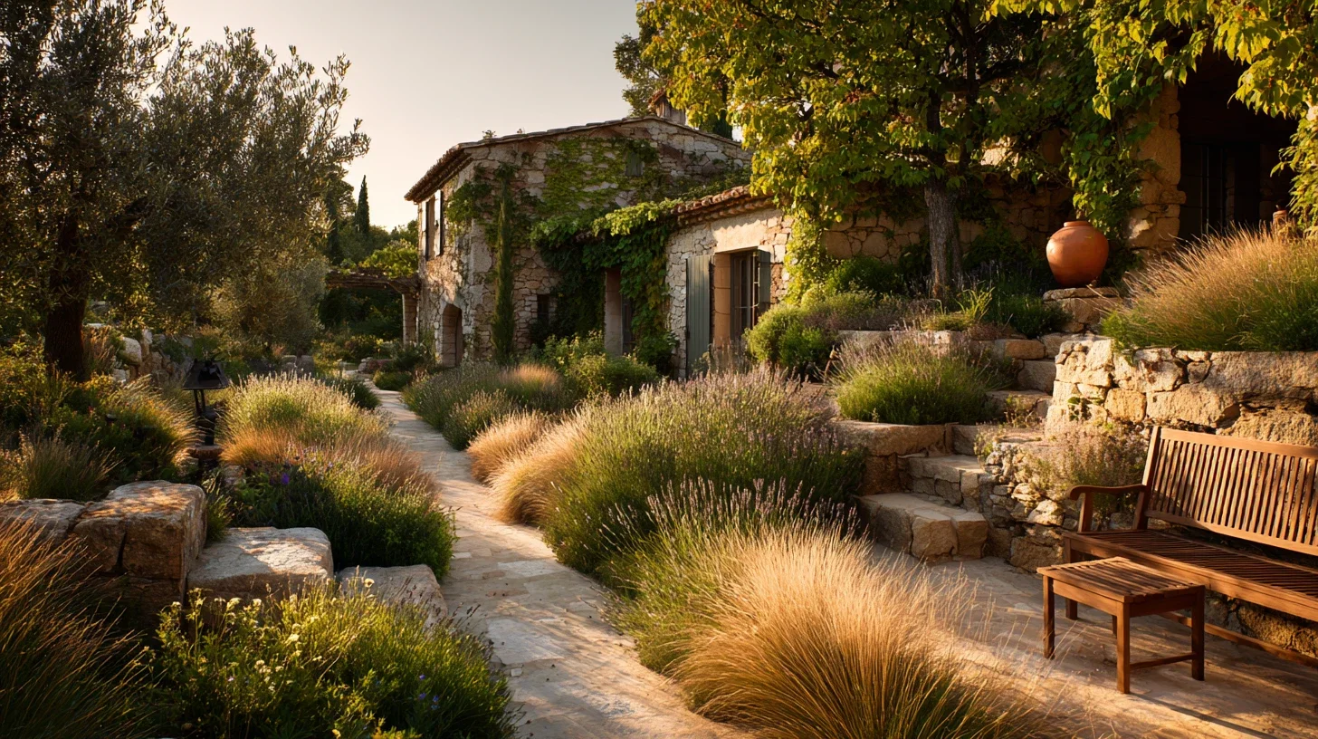 Jardin provençal aménagé autour d’une maison en pierre avec lavandes, graminées, oliviers et chemin en pierre naturelle.