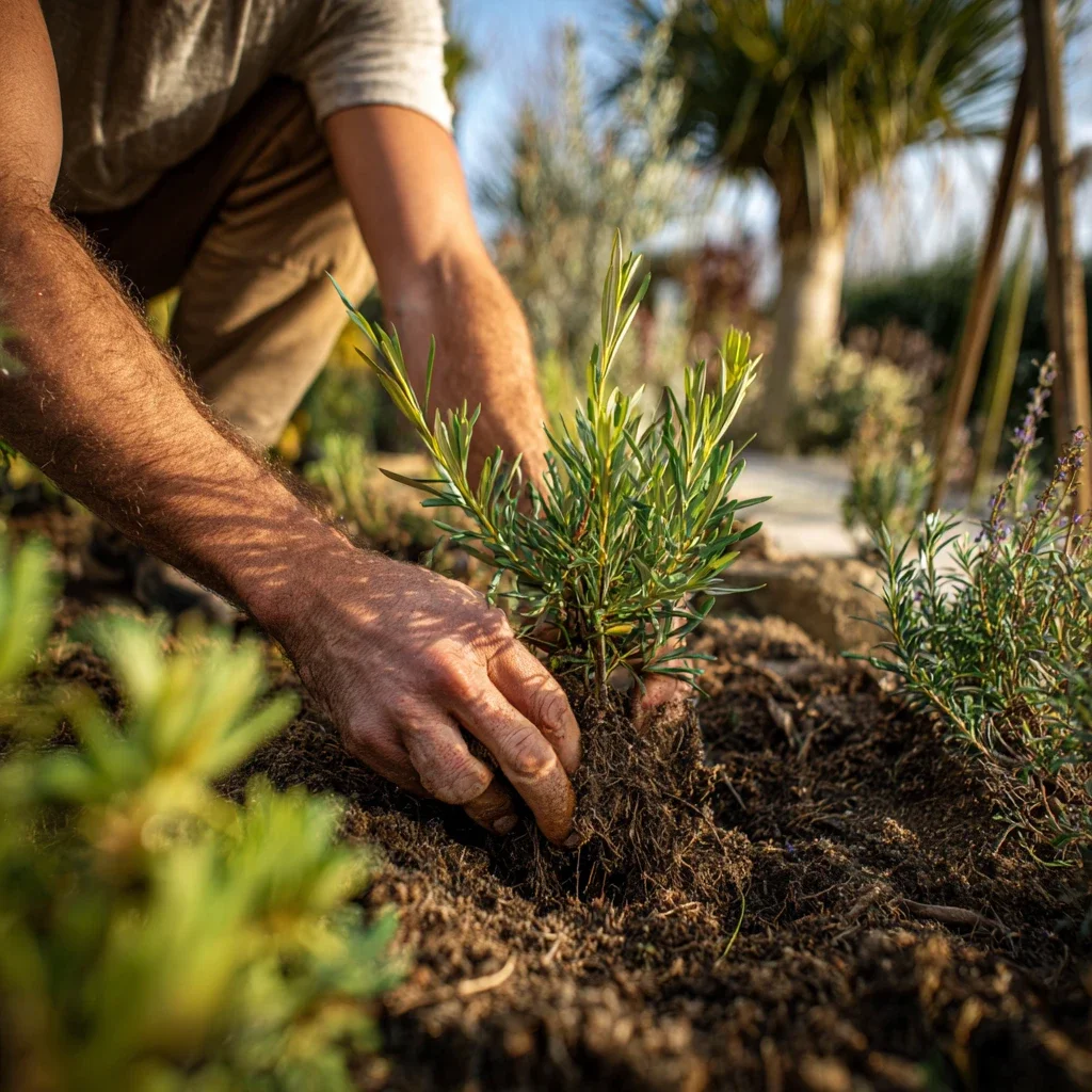 Paysagiste plantant des arbustes méditerranéens dans un massif paysager afin de créer un jardin durable et harmonieux.