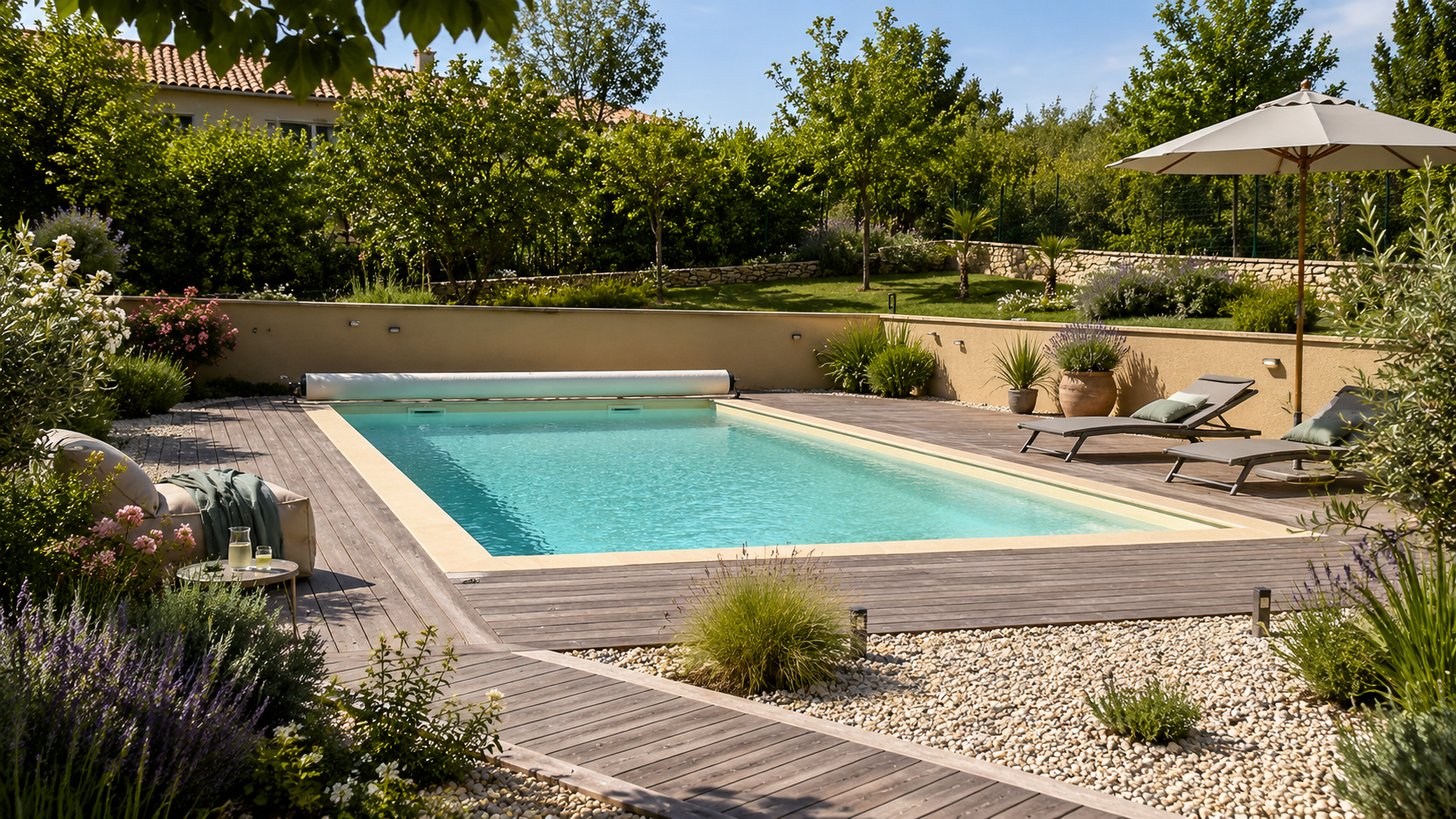 Piscine familiale et jardin graphique