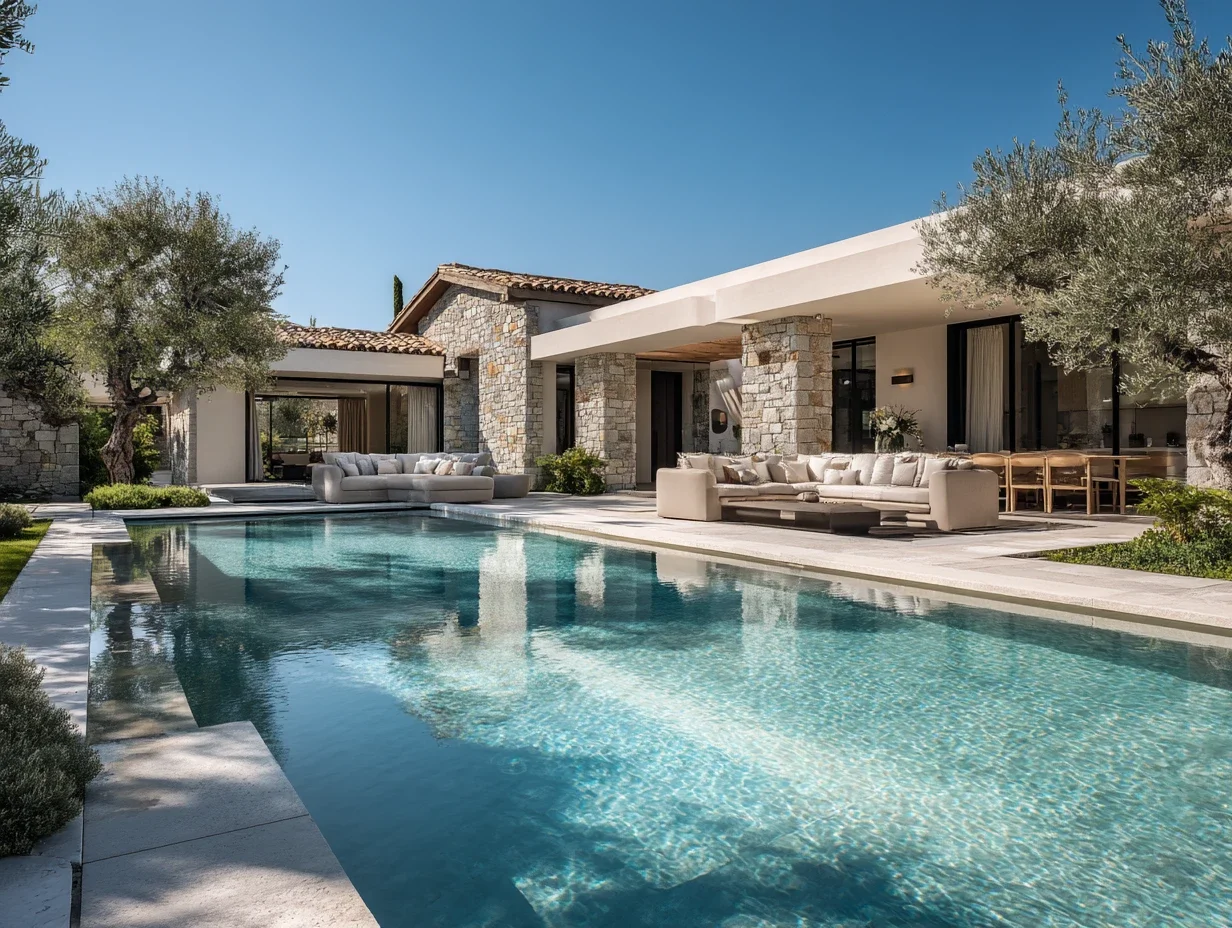 Piscine contemporaine sur mesure intégrée à une villa en pierre naturelle avec terrasse et espace de vie extérieur.