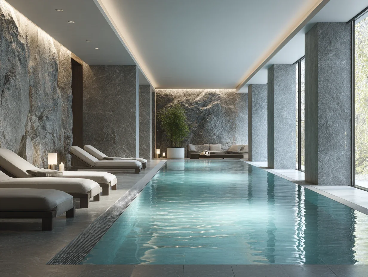 Piscine intérieure haut de gamme dans un espace bien-être contemporain en pierre naturelle.