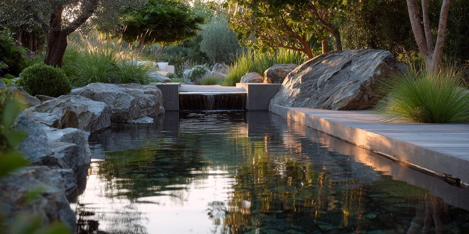 Bassin d’ornement contemporain avec cascade intégrée, rochers, terrasse en bois et végétation méditerranéenne dans un jardin paysager.