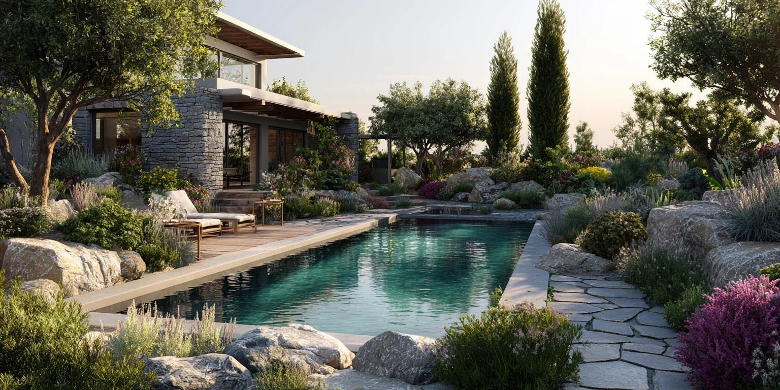 Jardin contemporain avec piscine, terrasse en bois, massifs méditerranéens, oliviers et pierres naturelles autour d’une villa.