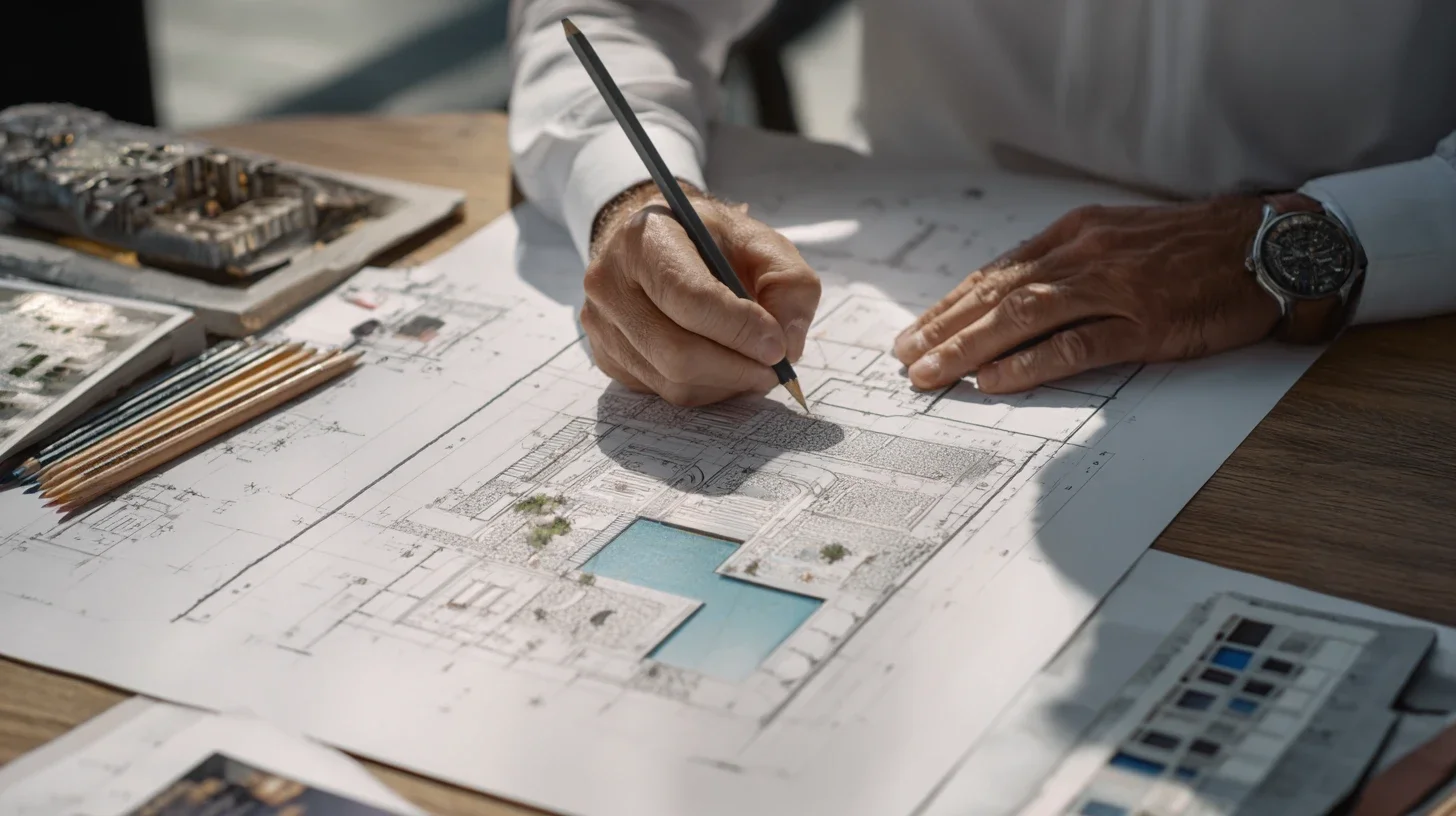 Architecte paysagiste réalisant la conception d’un projet de piscine sur mesure à partir des plans et de l’aménagement paysager.