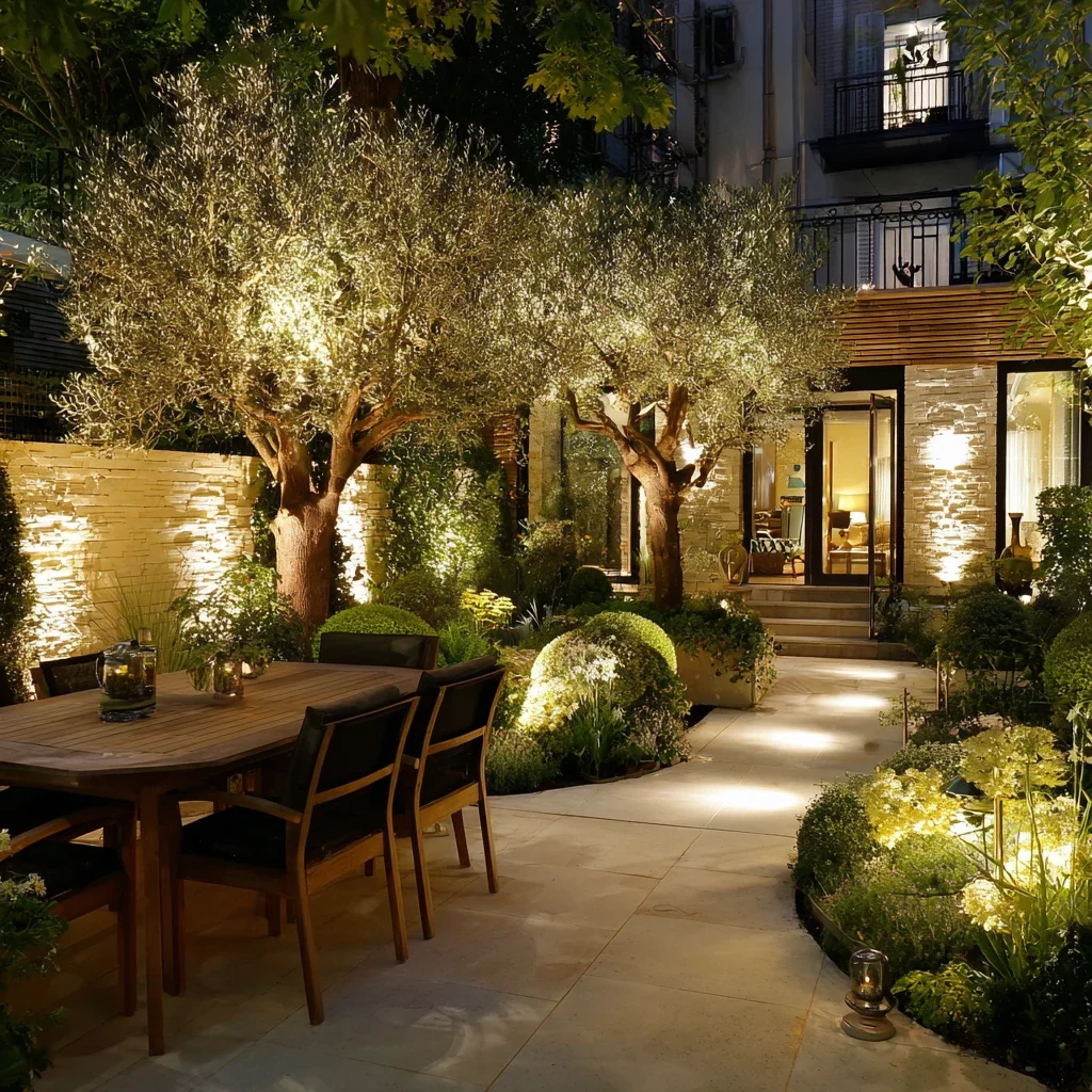 Jardin contemporain éclairé de nuit avec mise en lumière des oliviers, des massifs paysagers et des cheminements pour créer une ambiance chaleureuse et élégante.