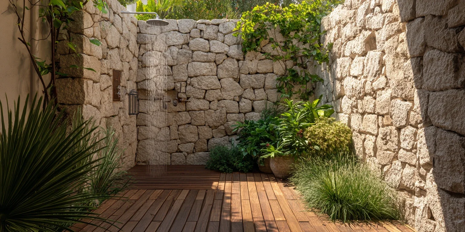 Douche extérieure en pierre naturelle intégrée dans un jardin paysager avec terrasse en bois.