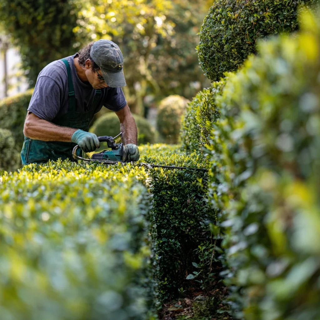 Paysagiste réalisant la taille de topiaires et l’entretien d’un jardin paysager haut de gamme.