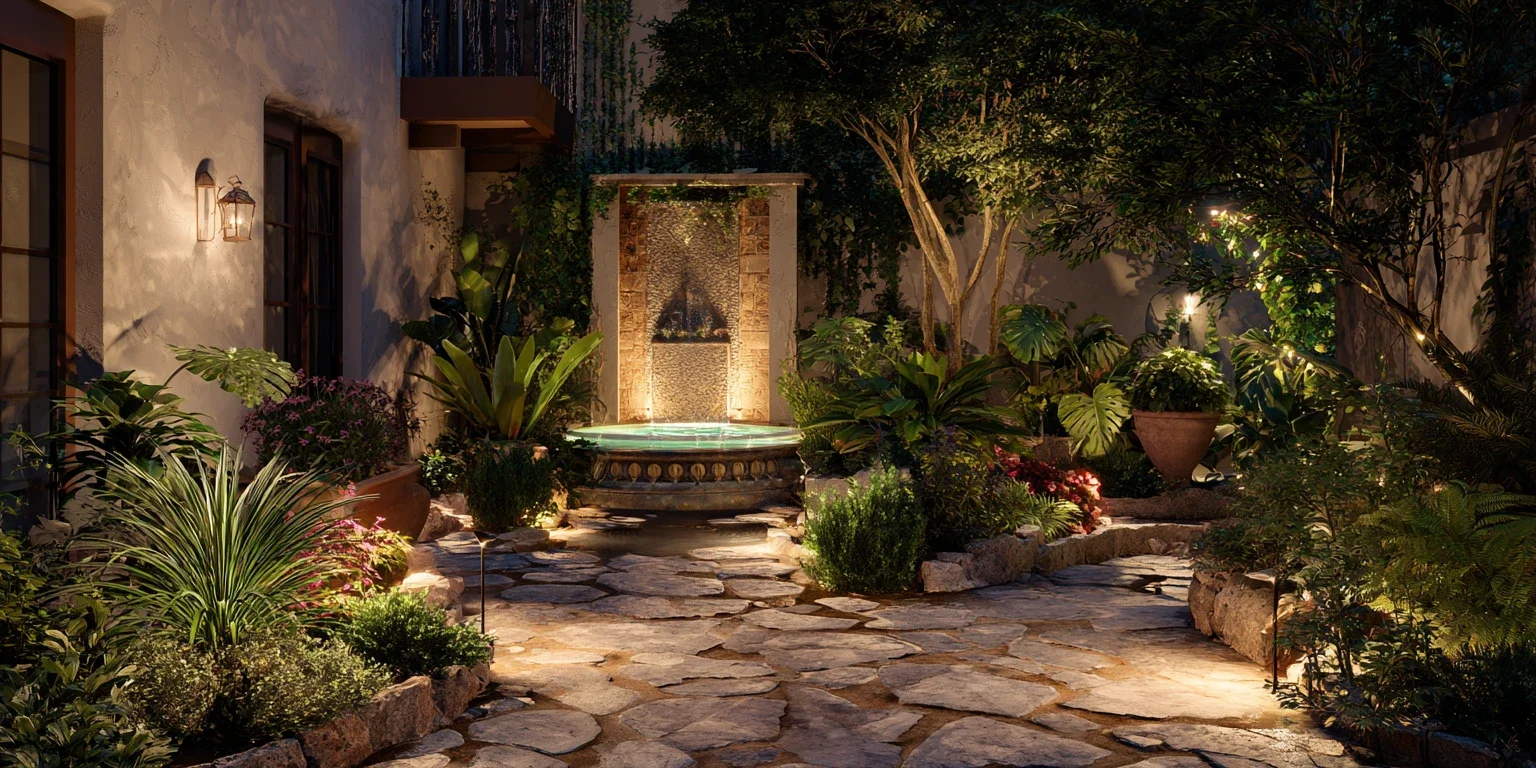 Jardin paysager éclairé de nuit avec fontaine, végétation luxuriante et chemin en pierre naturelle.