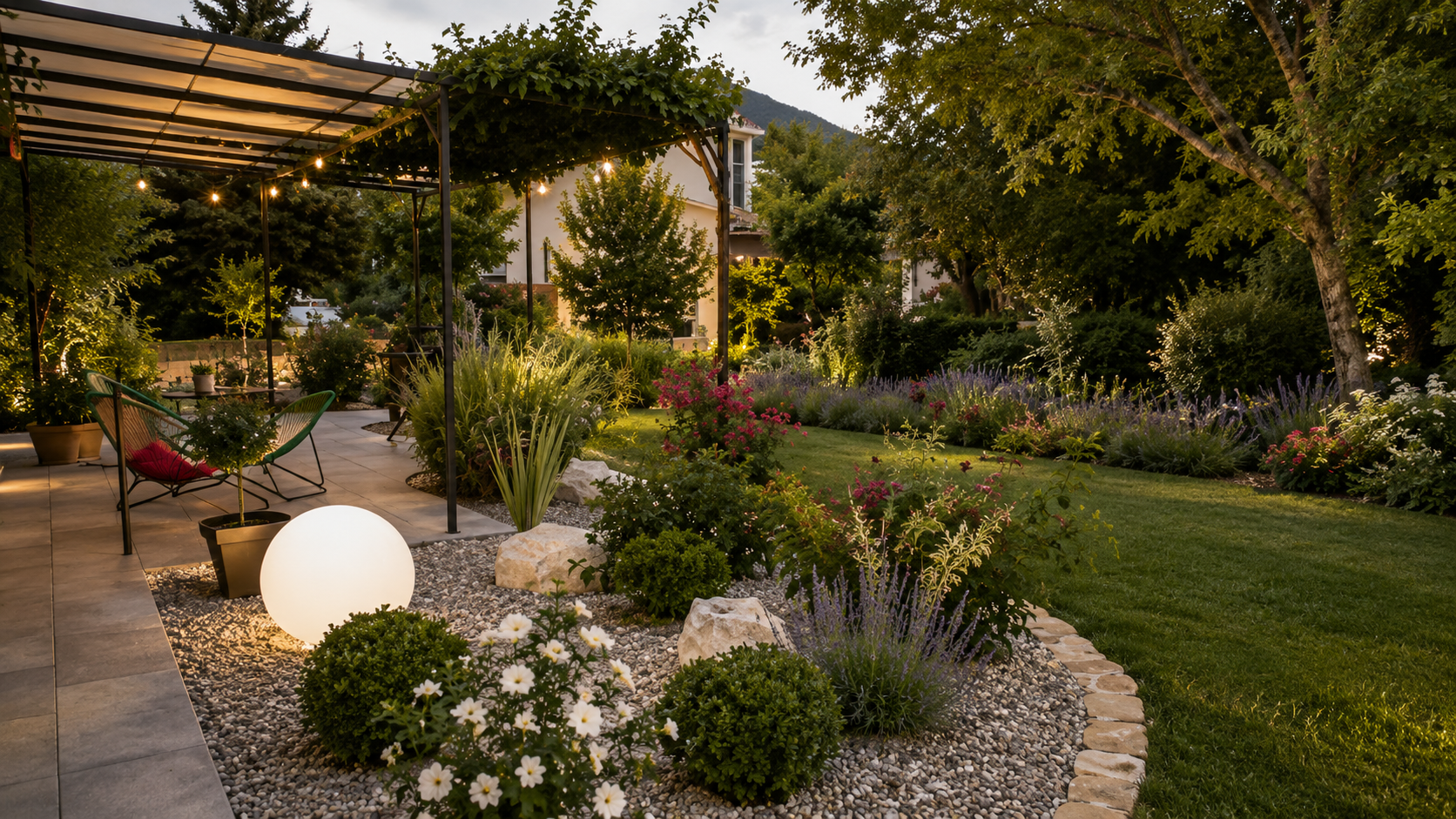 Jardin d’ambiance et pergola paysagère