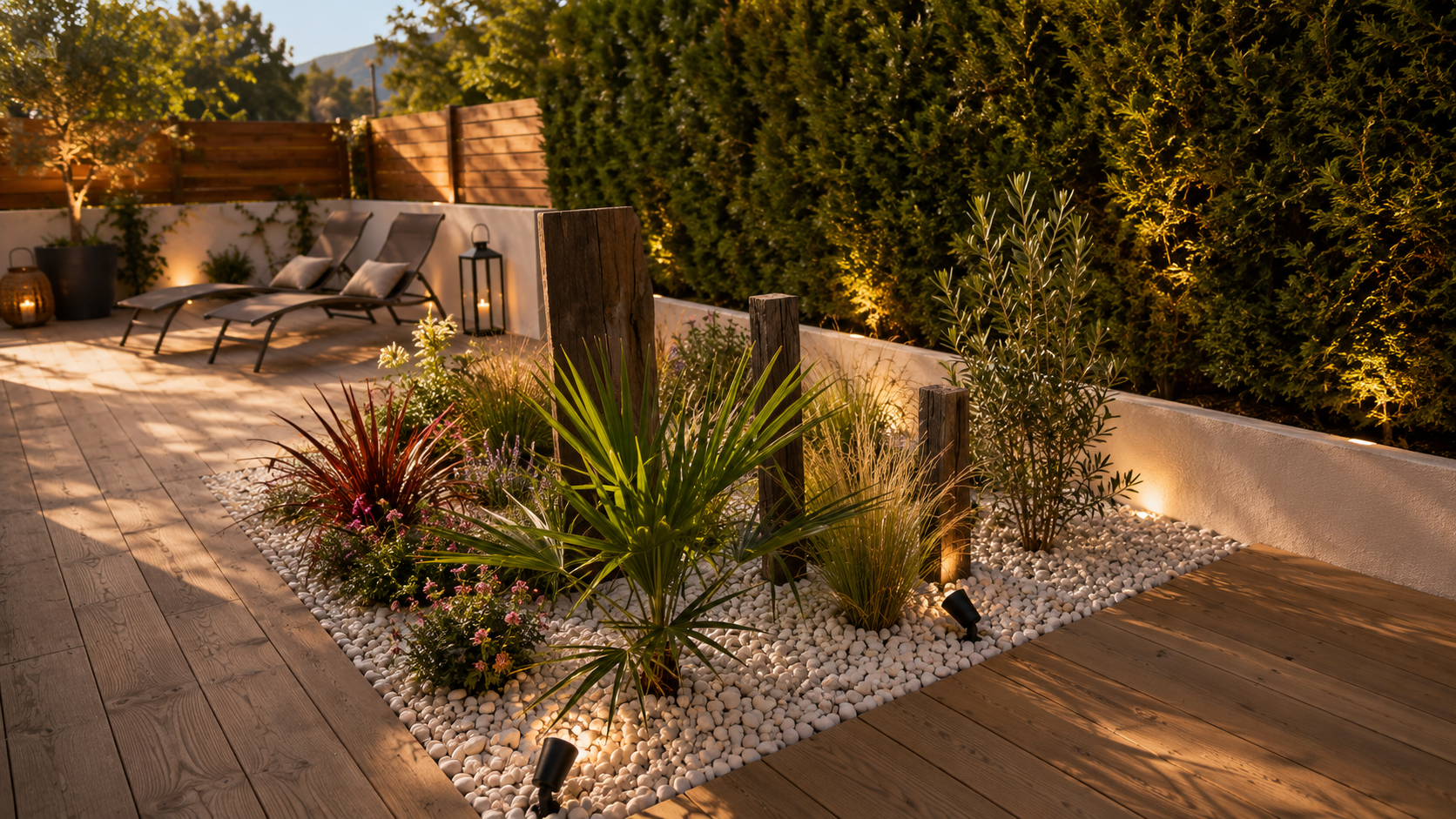 Terrasse contemporaine et éclairage paysager