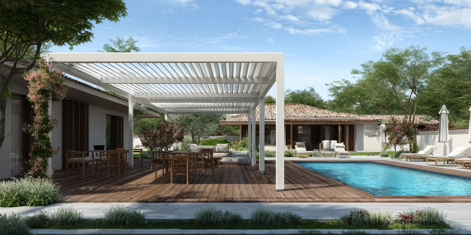 Pergola bioclimatique installée au bord d’une piscine avec terrasse en bois dans un jardin contemporain.