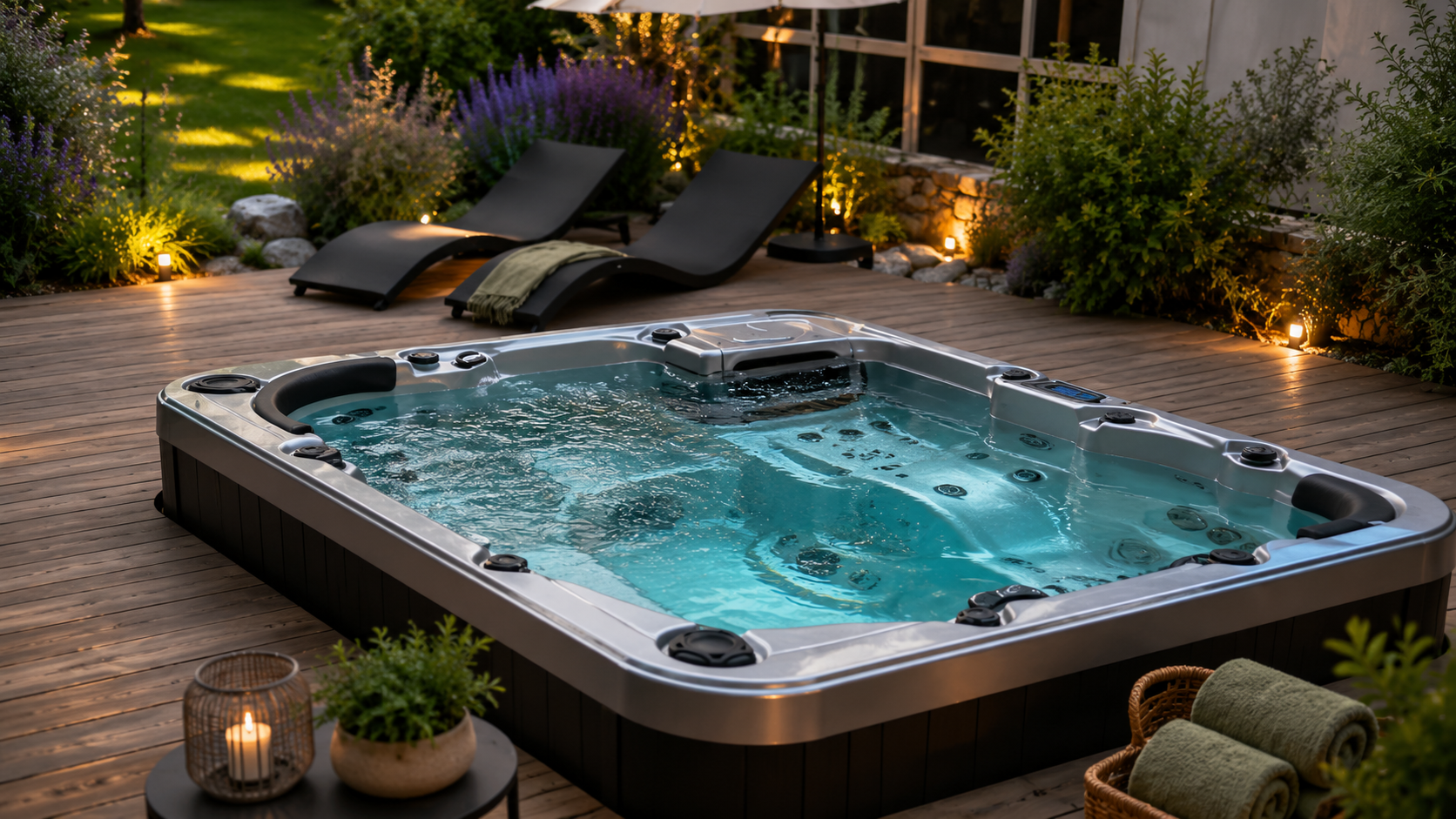 Spa extérieur et jardin éclairé