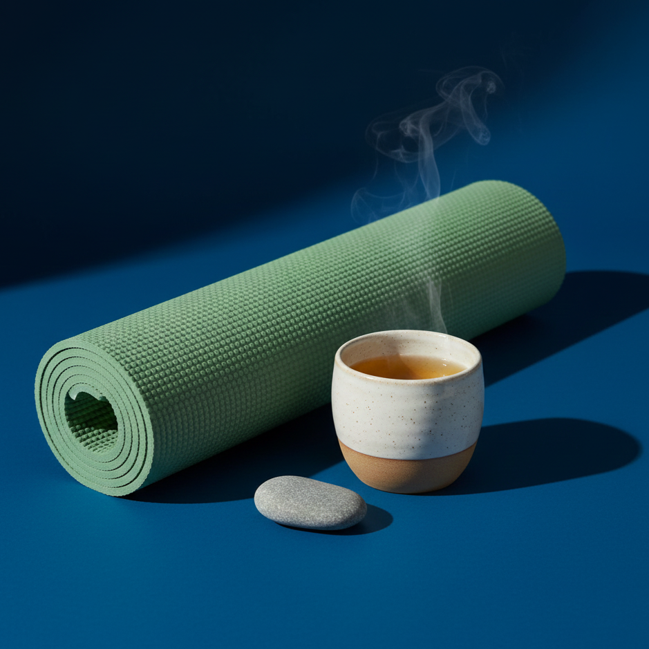 Grøn yogamåtte, kop med varm te, gråt sten på blå baggrund.