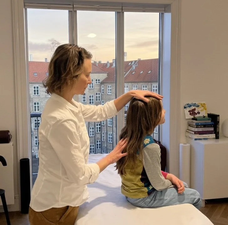 En kvinde, der undersøger en pige, der sidder på en seng, i et værelse med store vinduer og en byudsigt.