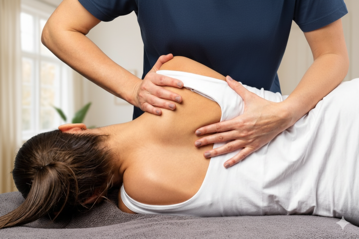 Person får behandling i ryggen hos en fysioterapeut.