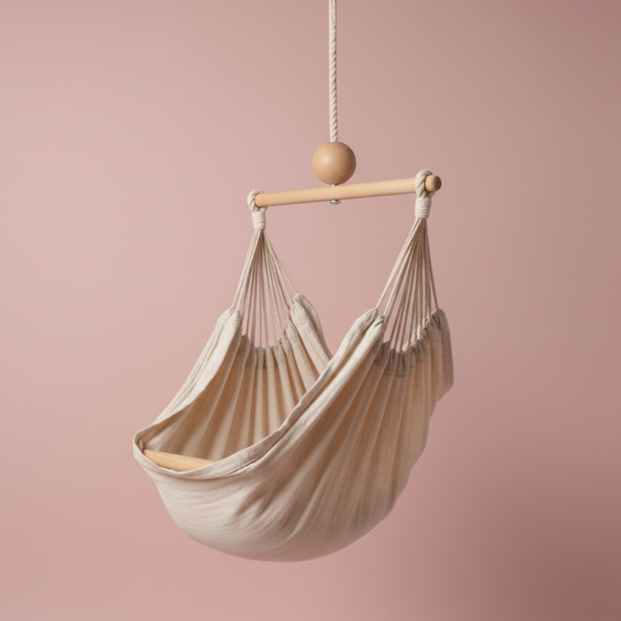 En liggende hængekøje lavet af beige stof, hængende fra en træbjælke og en snor, mod en lyserød baggrund.